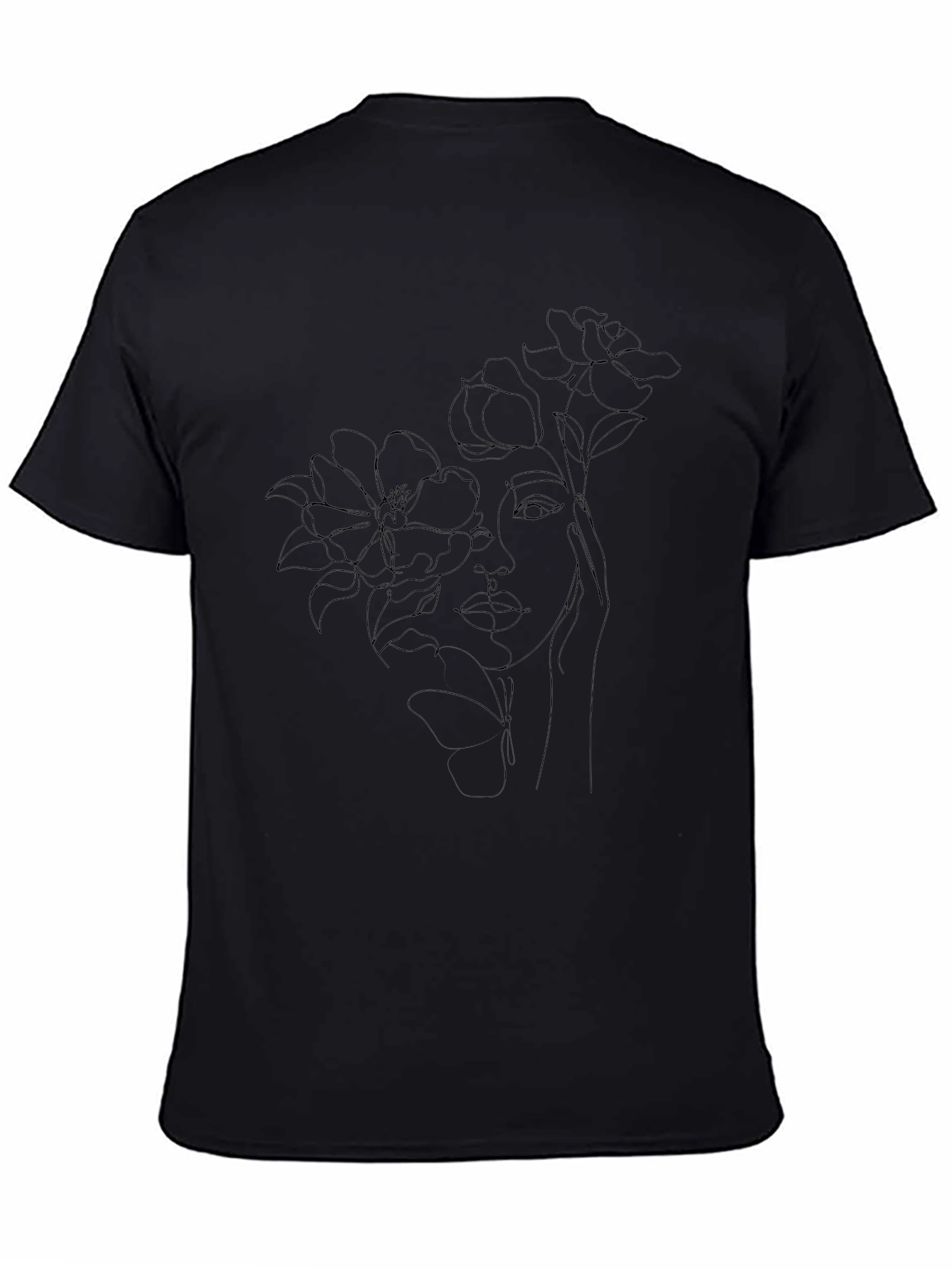 Floral Face Line Art Black T-Shirt