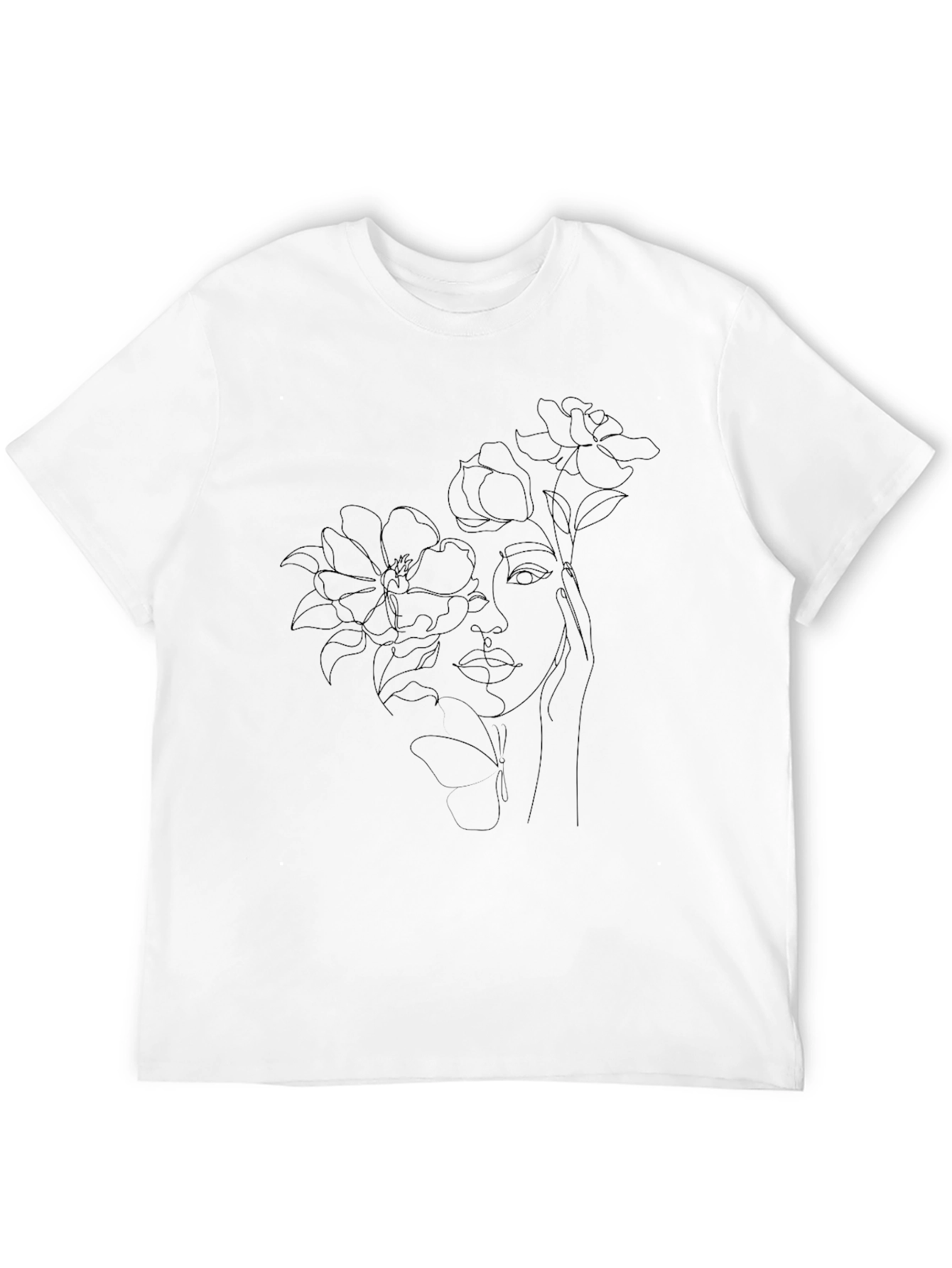 Floral Face Line Art Black T-Shirt