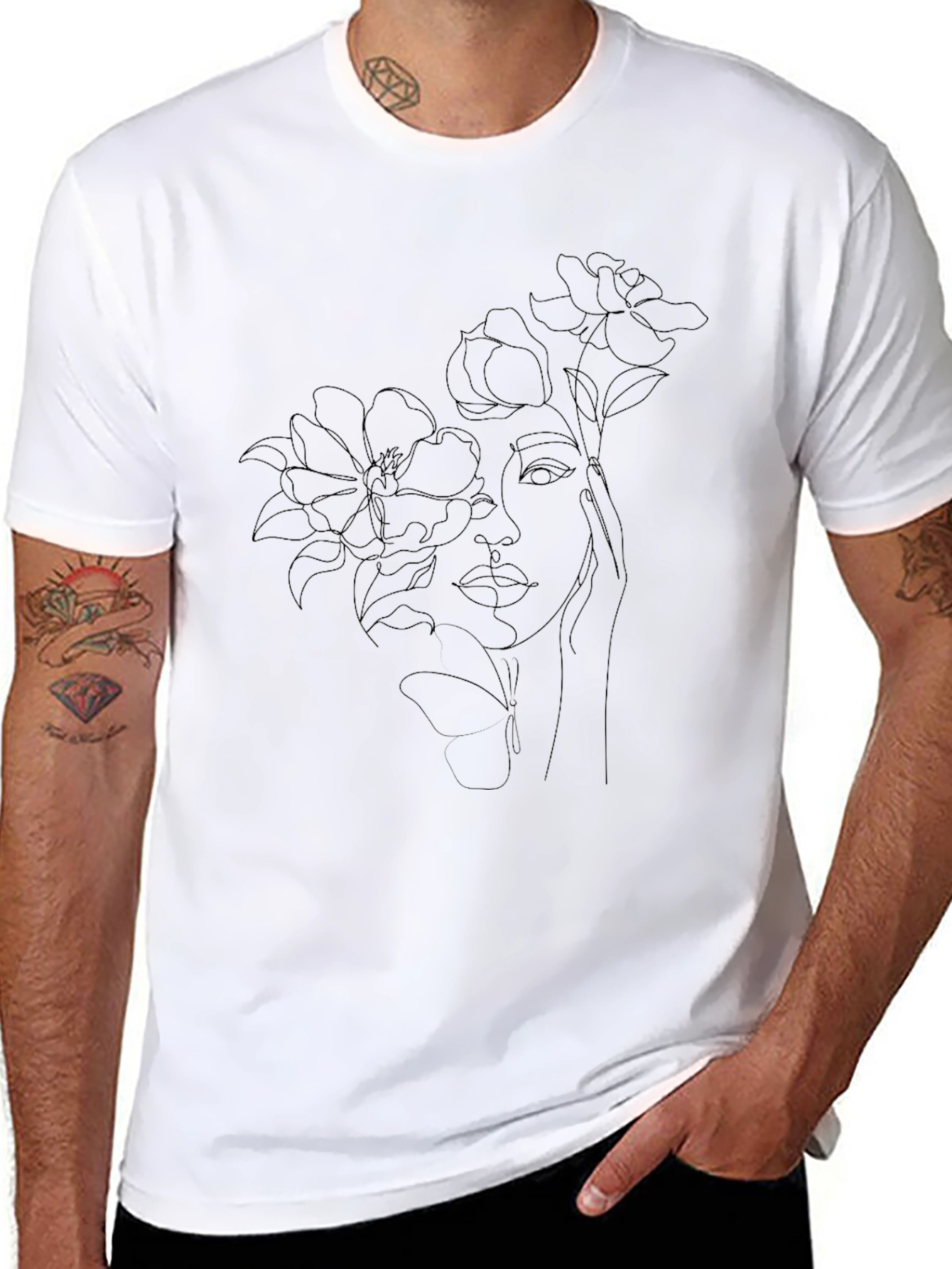 Floral Face Line Art Black T-Shirt