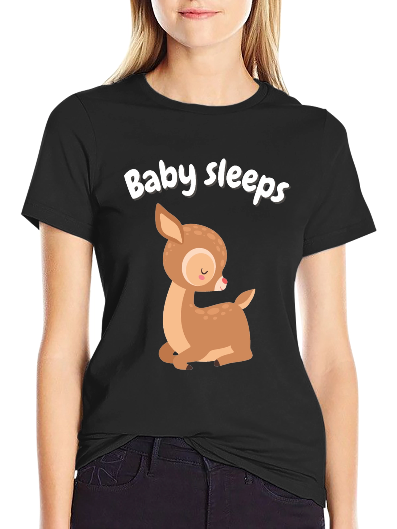 Baby Sleeps Deer Graphic Tee - Cute Cartoon Style