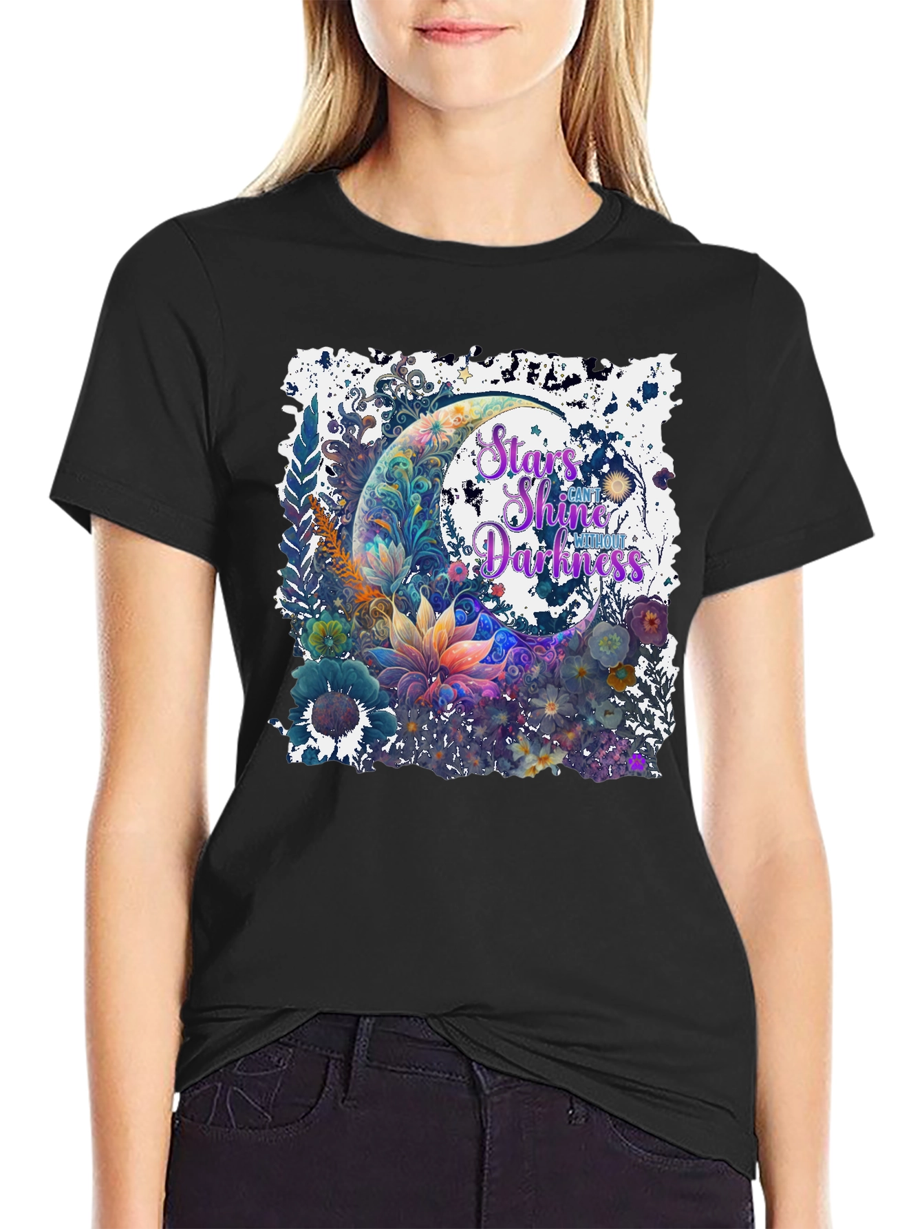 Stars Shine Graphic T-Shirt - Floral Moon Design