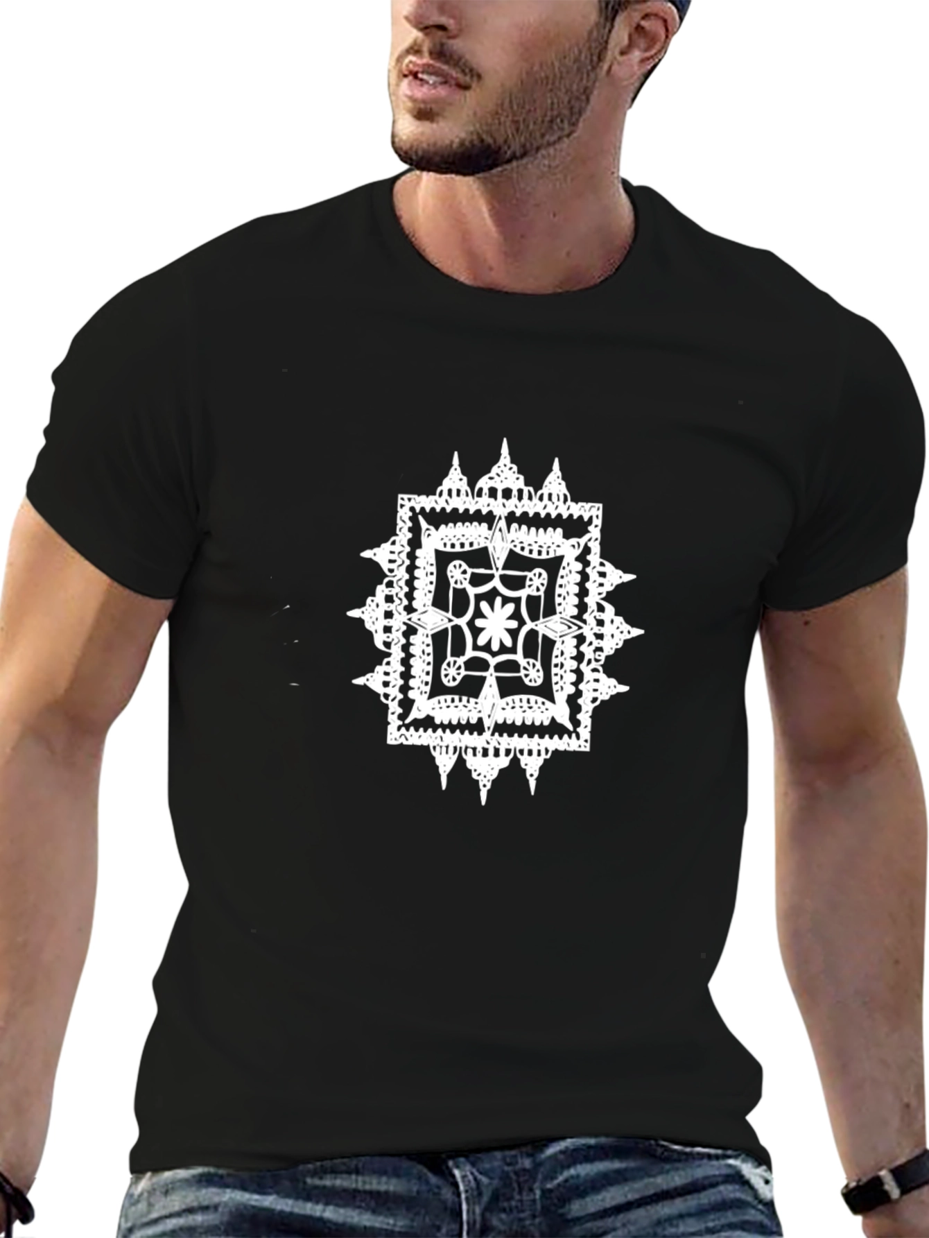 Mens Black Tee with White Geometric Graphic