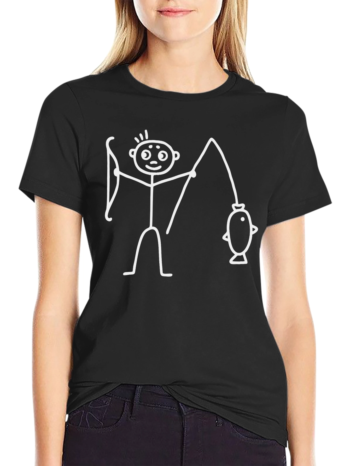 Funny Fisherman Stick Figure Black T-Shirt