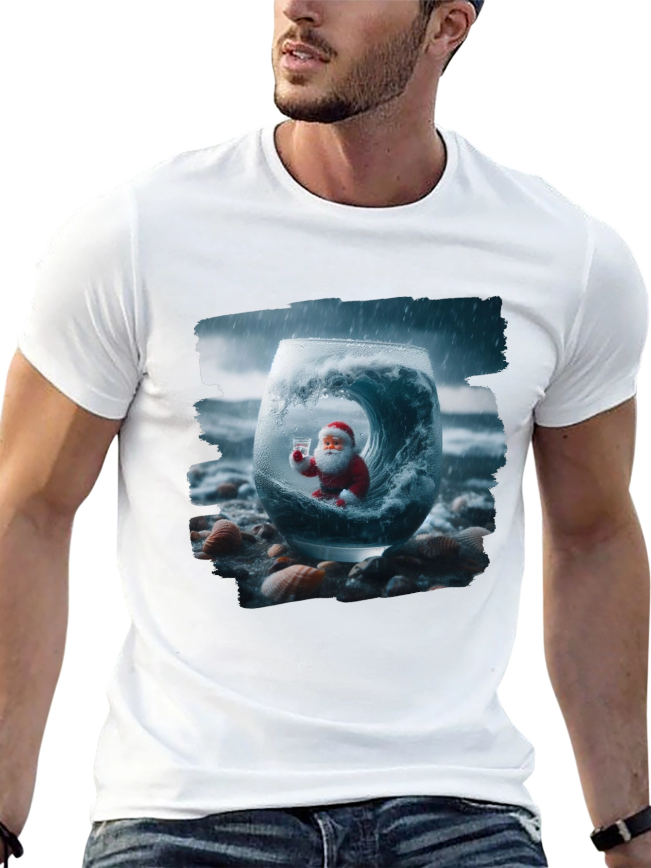 Santa in a Wave T-Shirt - Coastal Christmas