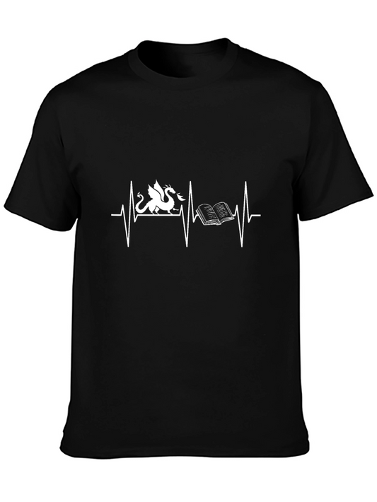 Dragon & Book Heartbeat T-Shirt - Fantasy Reader Tee