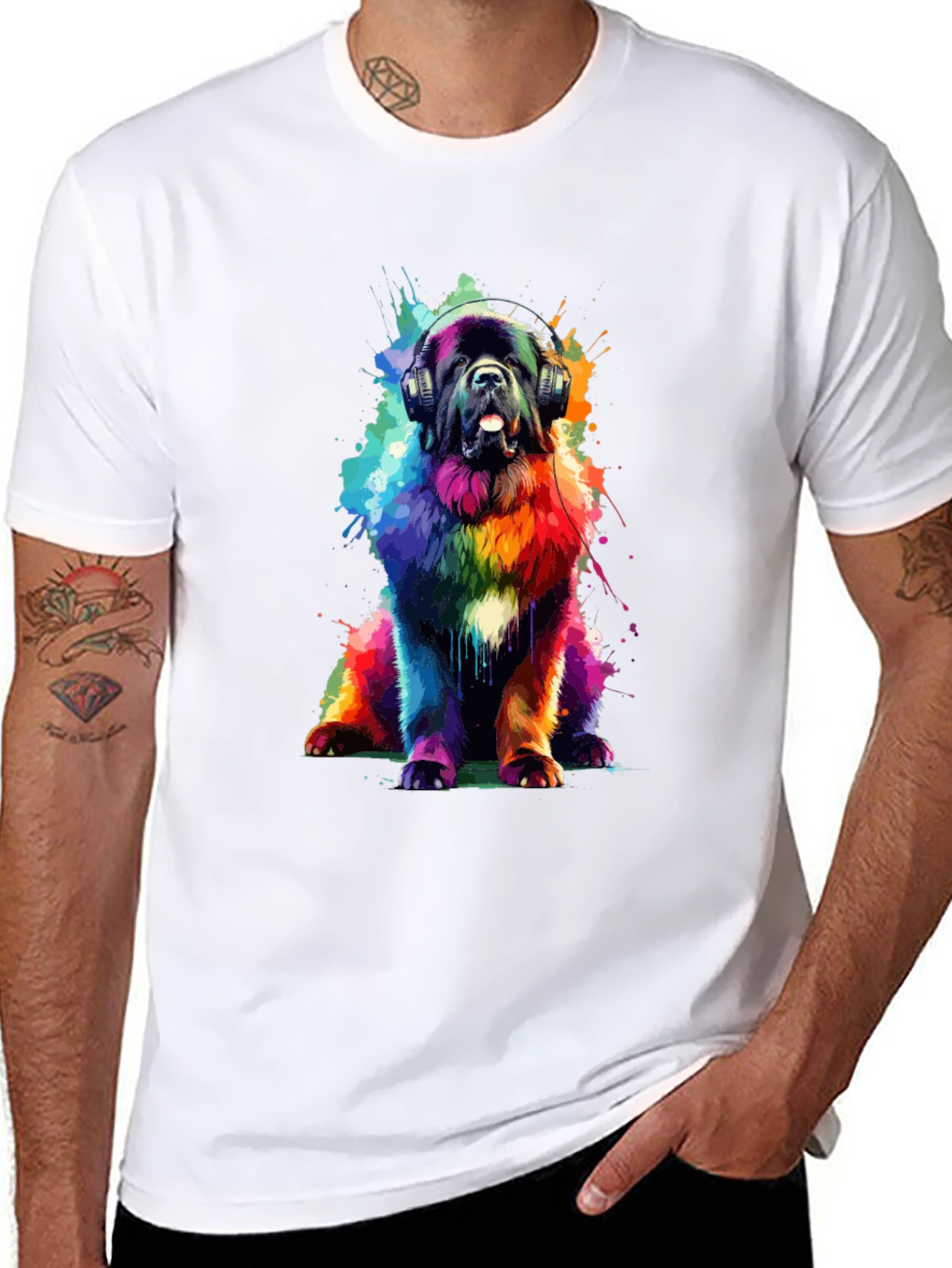 Rainbow Dog Headphones Graphic T-Shirt