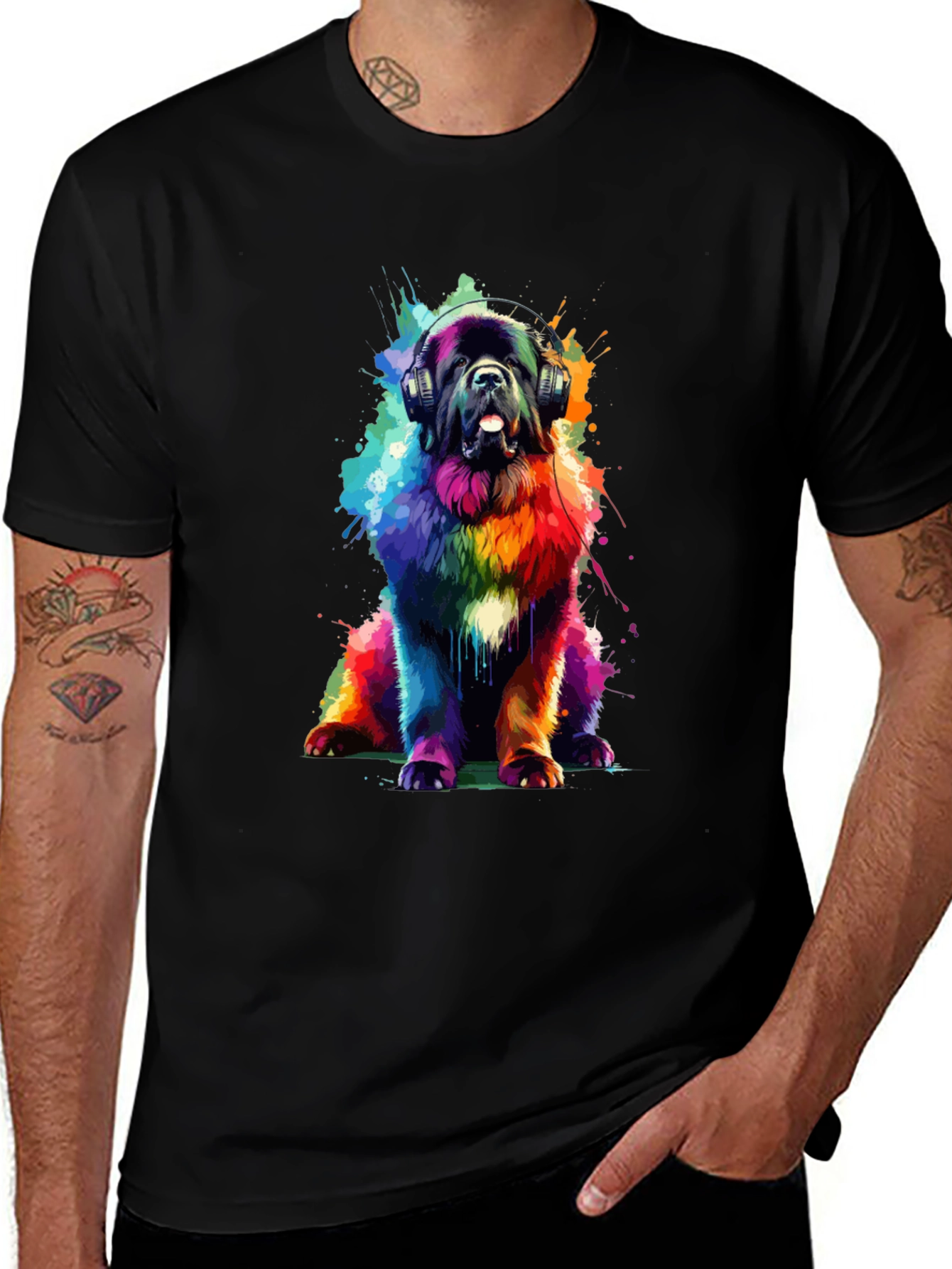 Rainbow Dog Headphones Graphic T-Shirt