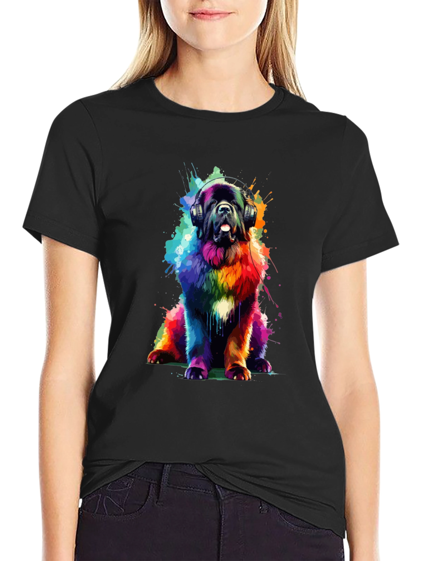 Rainbow Dog Headphones Graphic T-Shirt