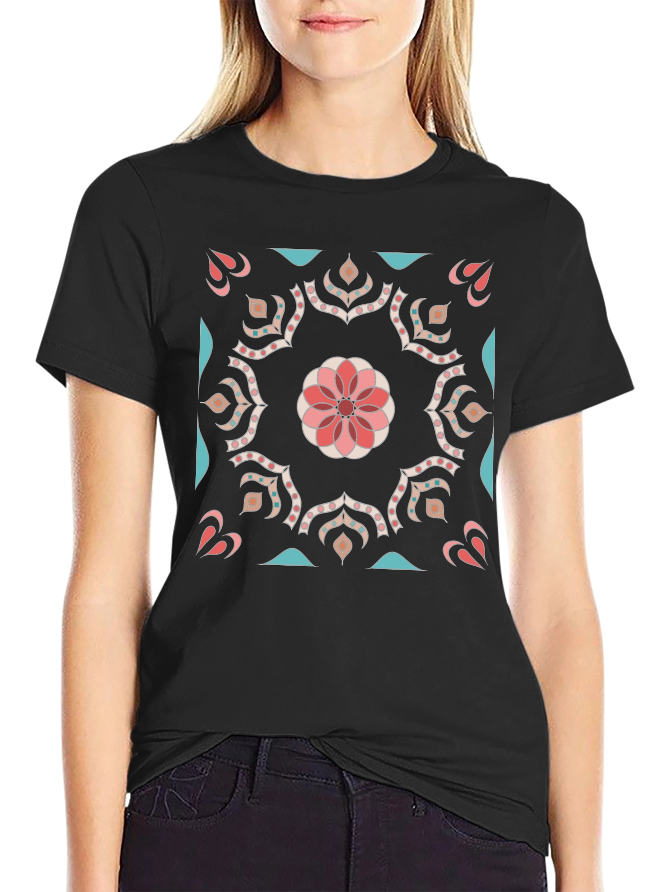 Floral Mandala Graphic Print Black Tee Shirt