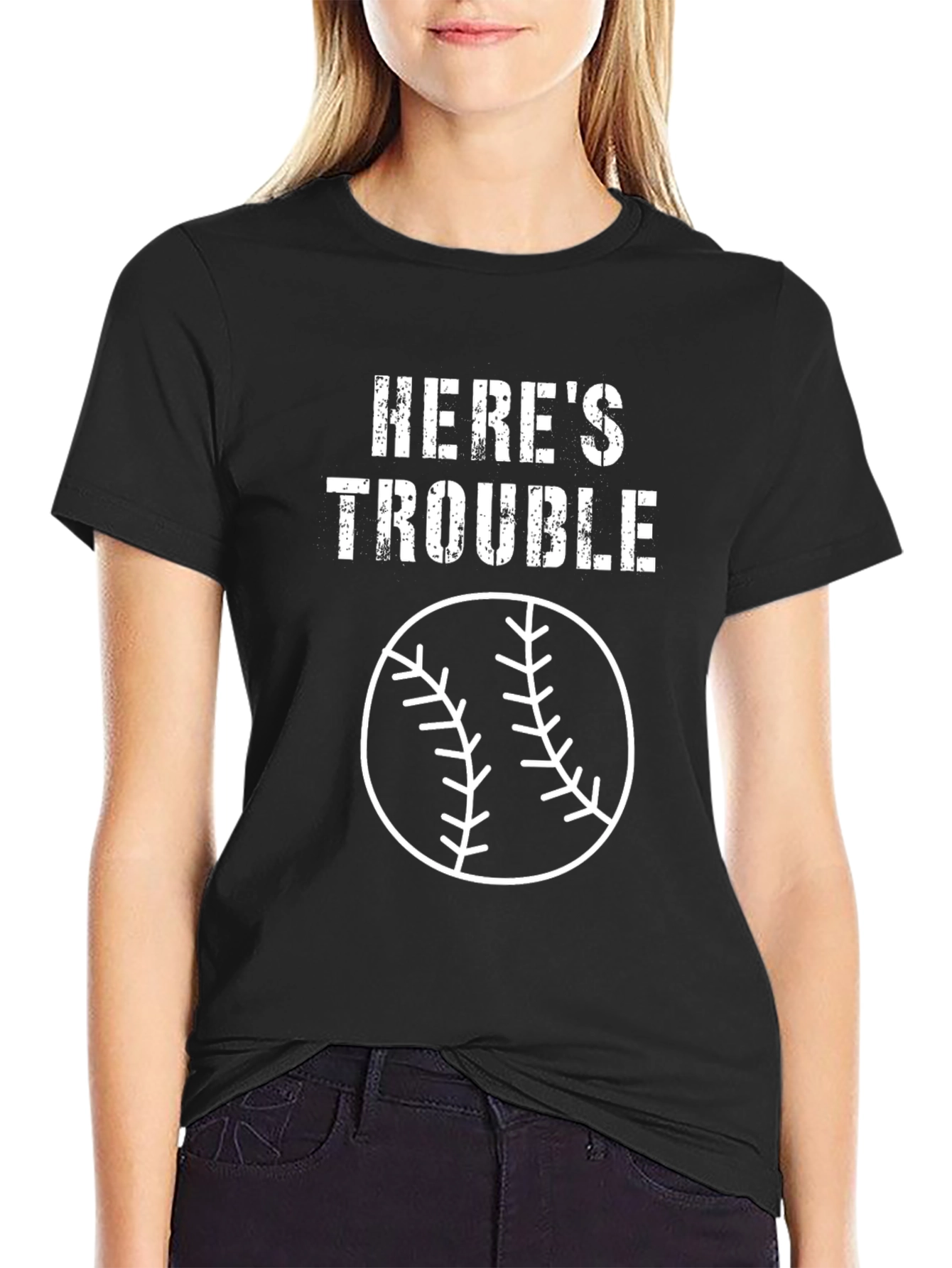 Heres Trouble Baseball Graphic Tee