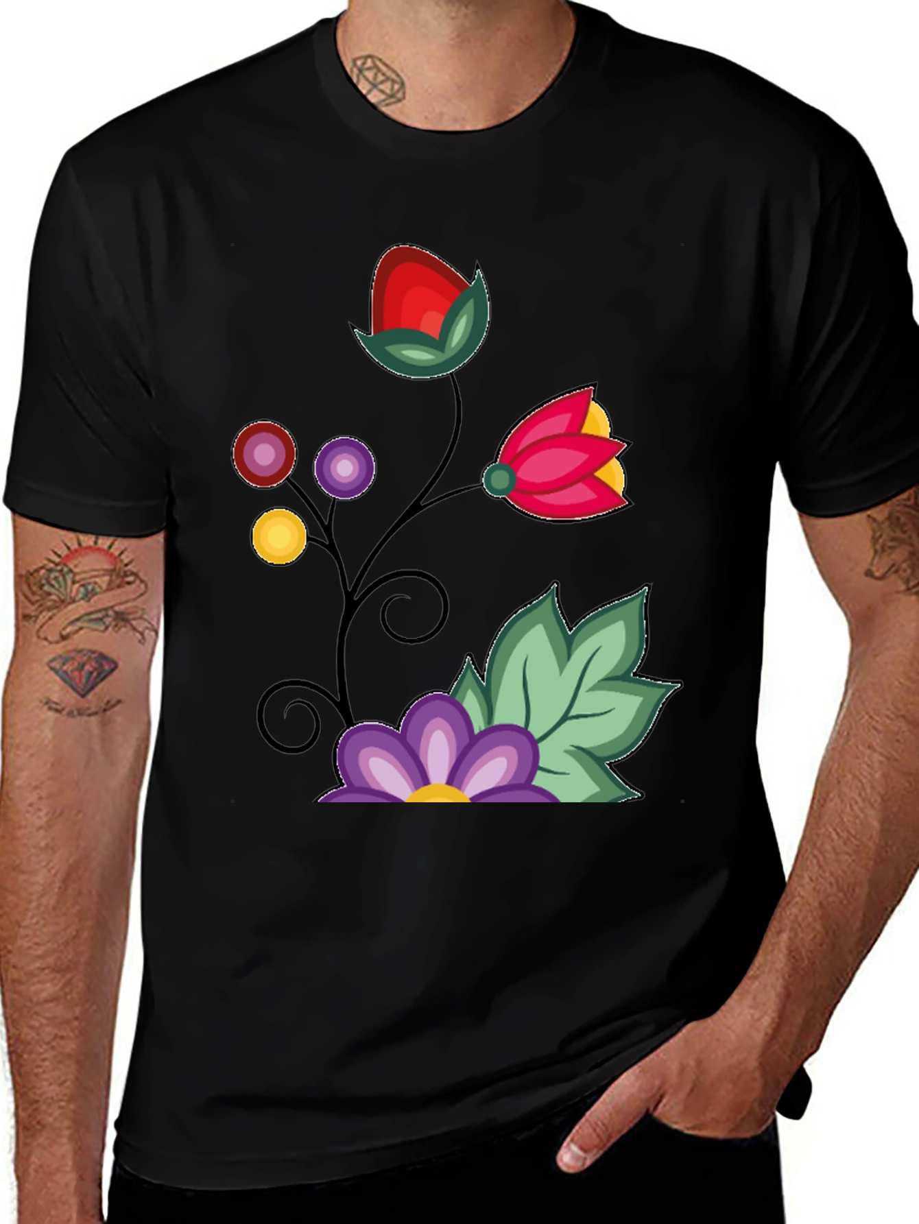 Floral Design Black T-Shirt