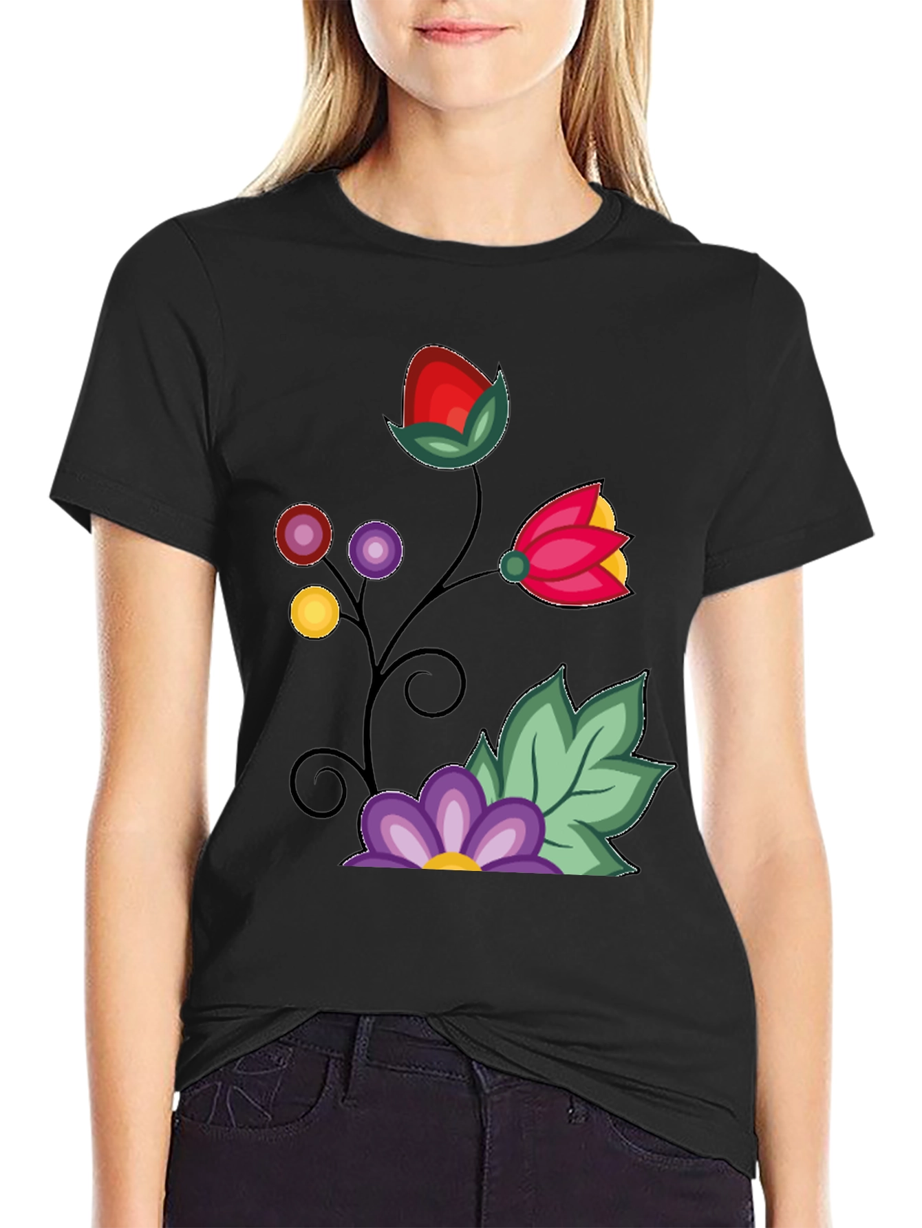 Floral Design Black T-Shirt