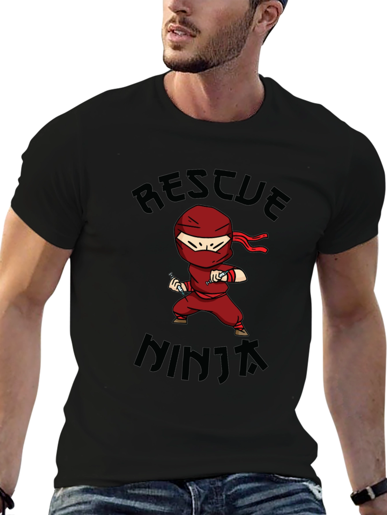Rescue Ninja Cartoon Black T-Shirt