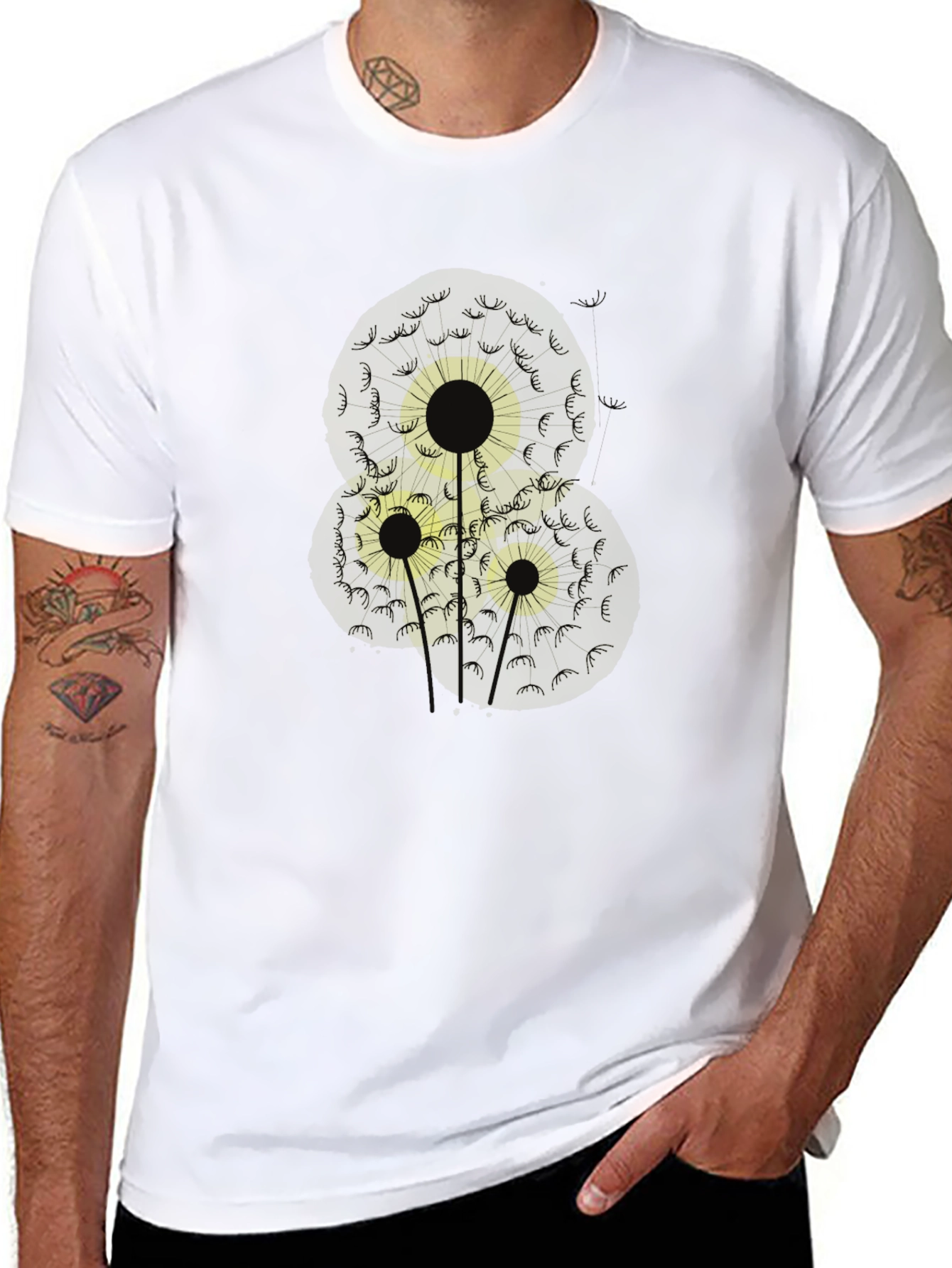 Dandelion Print Black Cotton T-Shirt