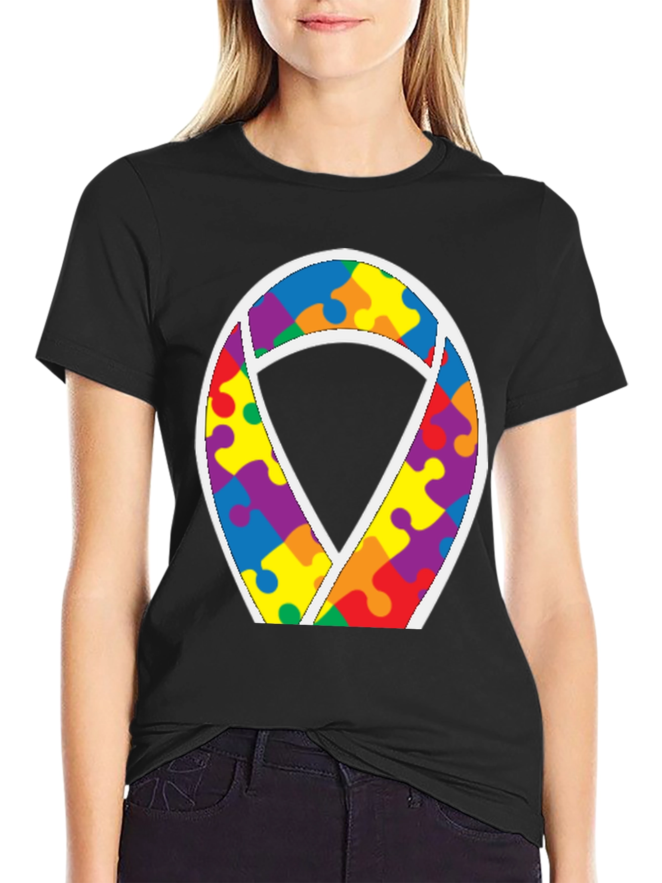 Autism Awareness Puzzle Ribbon Tee - Black