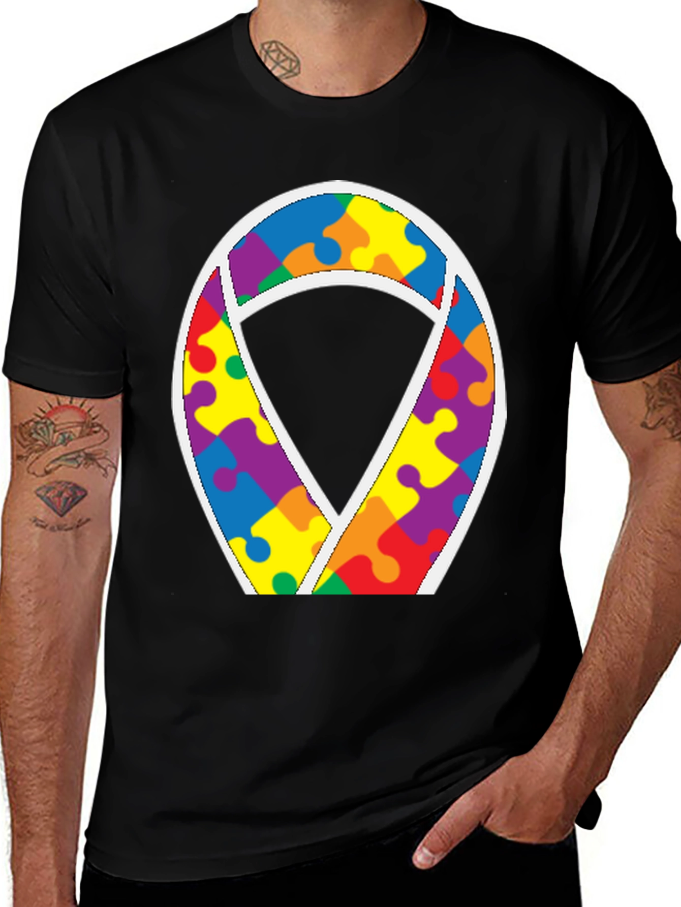 Autism Awareness Puzzle Ribbon Tee - Black
