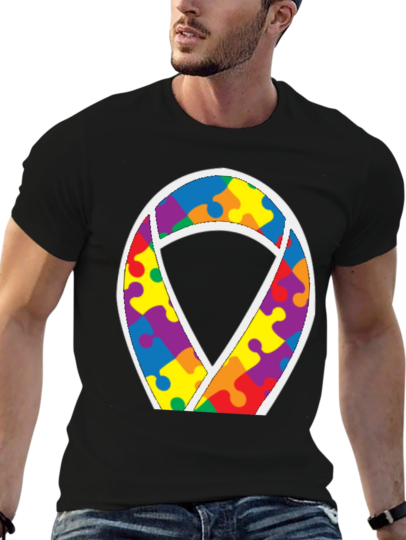Autism Awareness Puzzle Ribbon Tee - Black