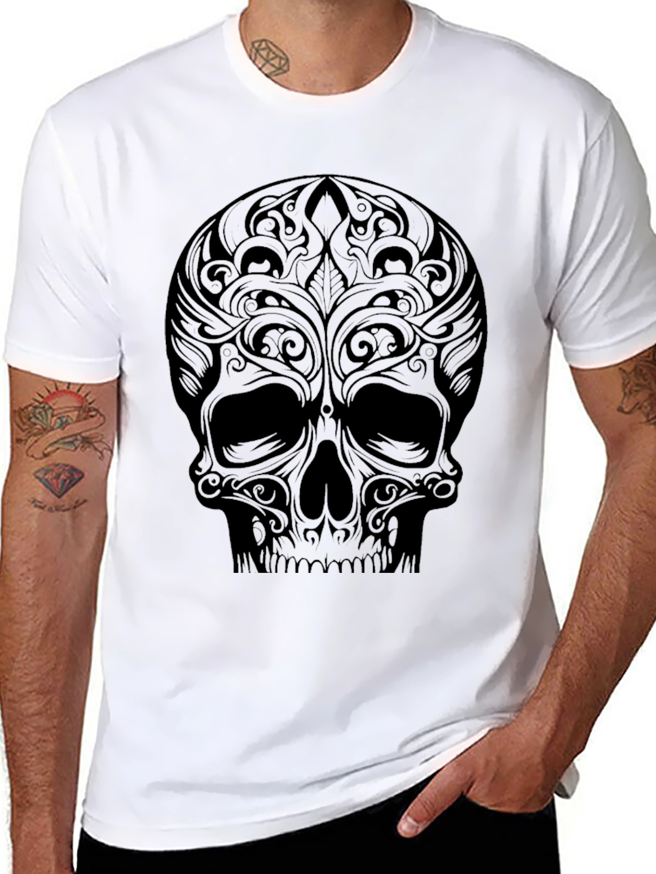 Tribal Skull Graphic Tee - Black Cotton Shirt