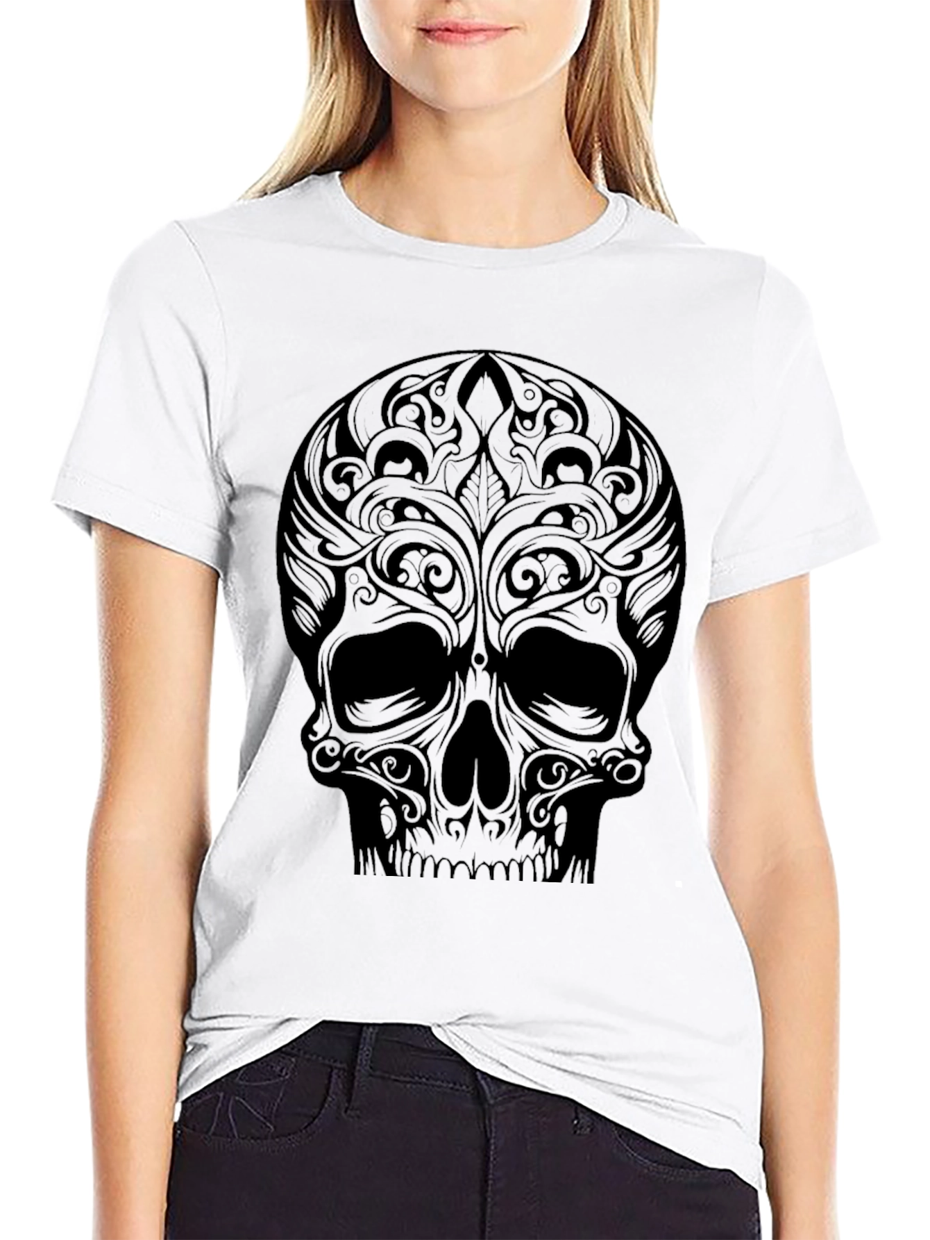 Tribal Skull Graphic Tee - Black Cotton Shirt