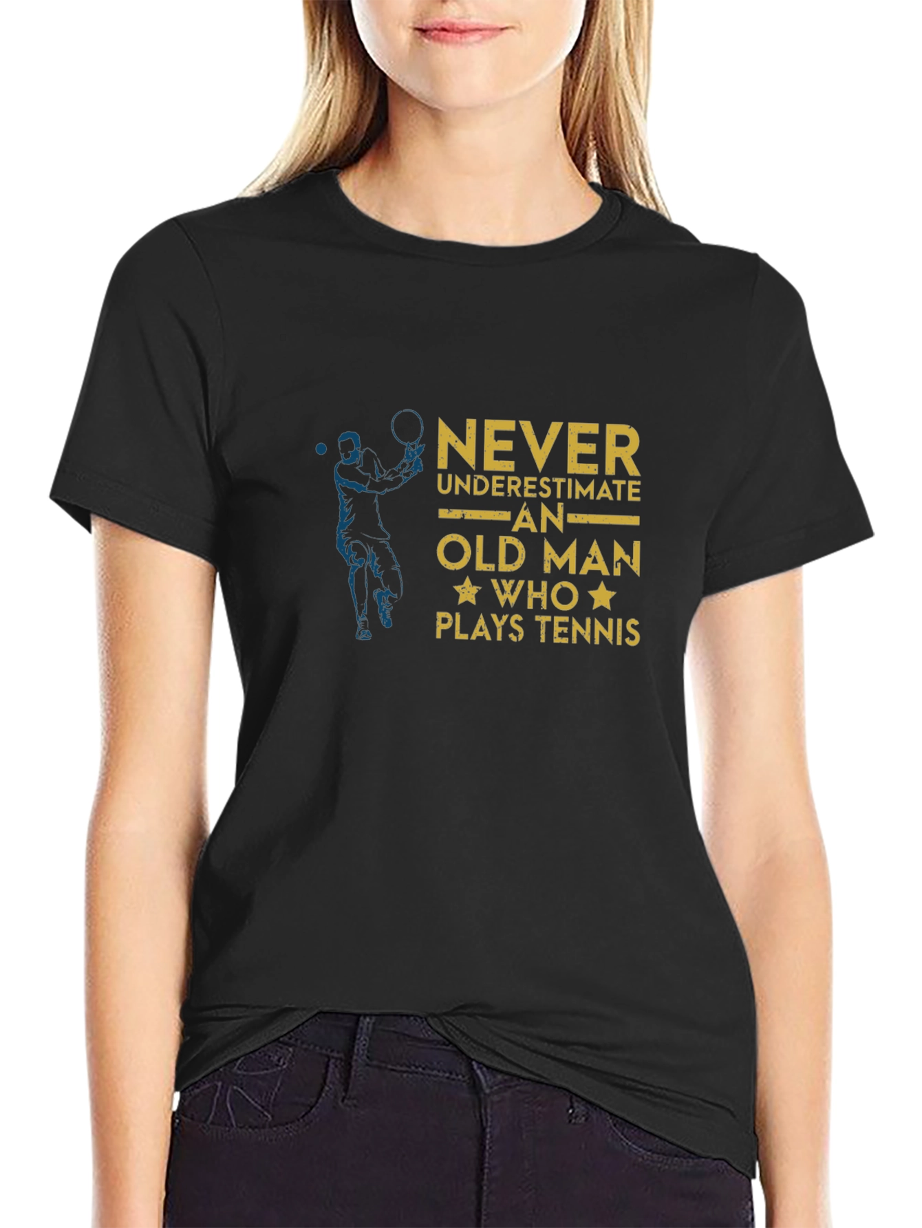 Funny Old Man Tennis Player Black T-Shirt