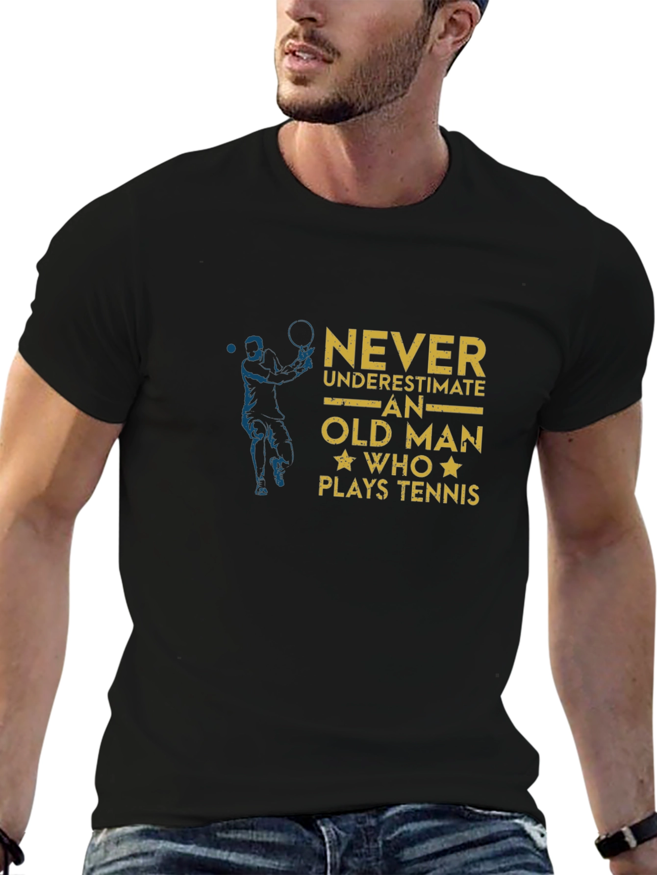 Funny Old Man Tennis Player Black T-Shirt