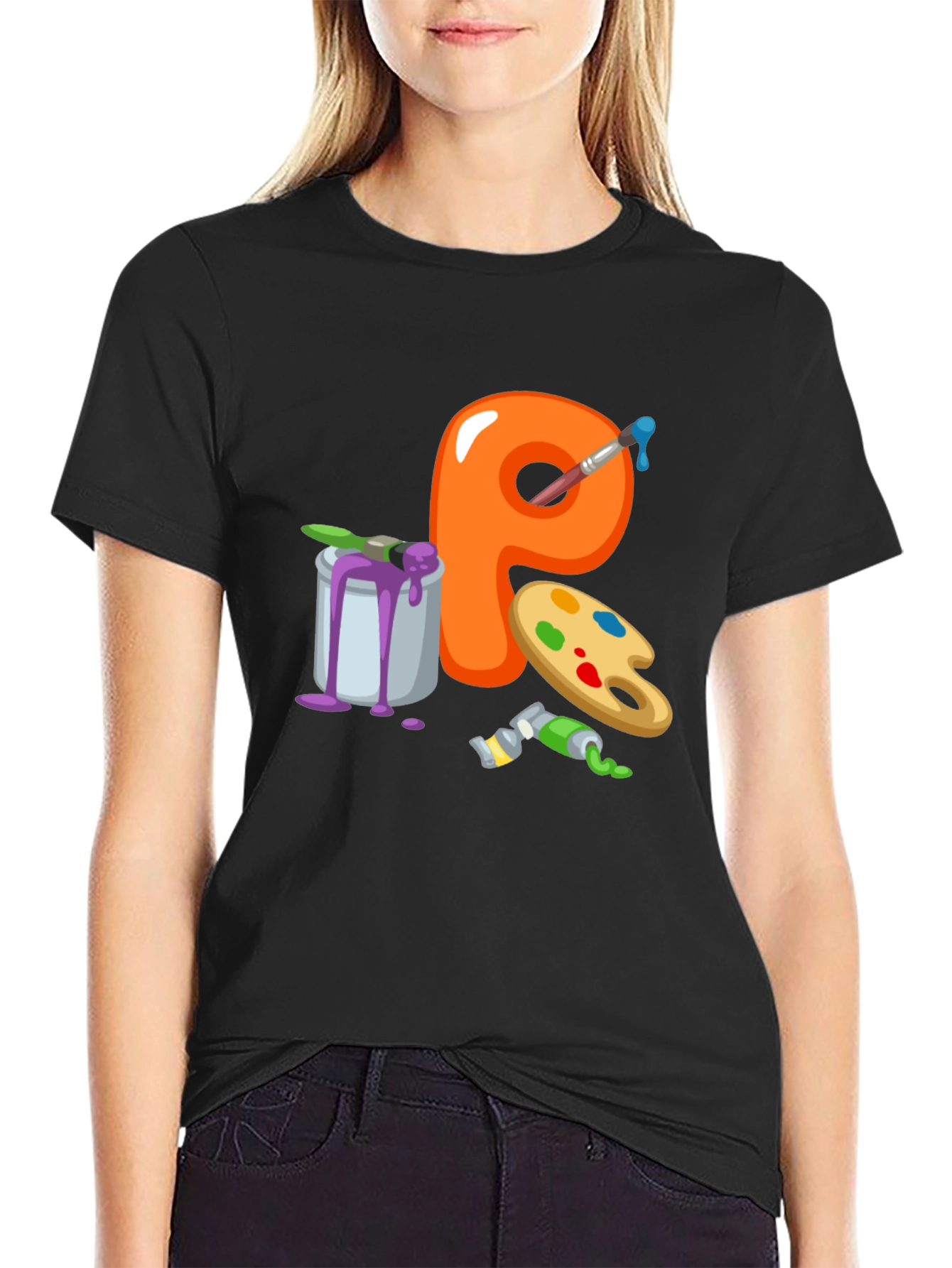 Artistic Letter P T-Shirt - Black Cotton Graphic Tee