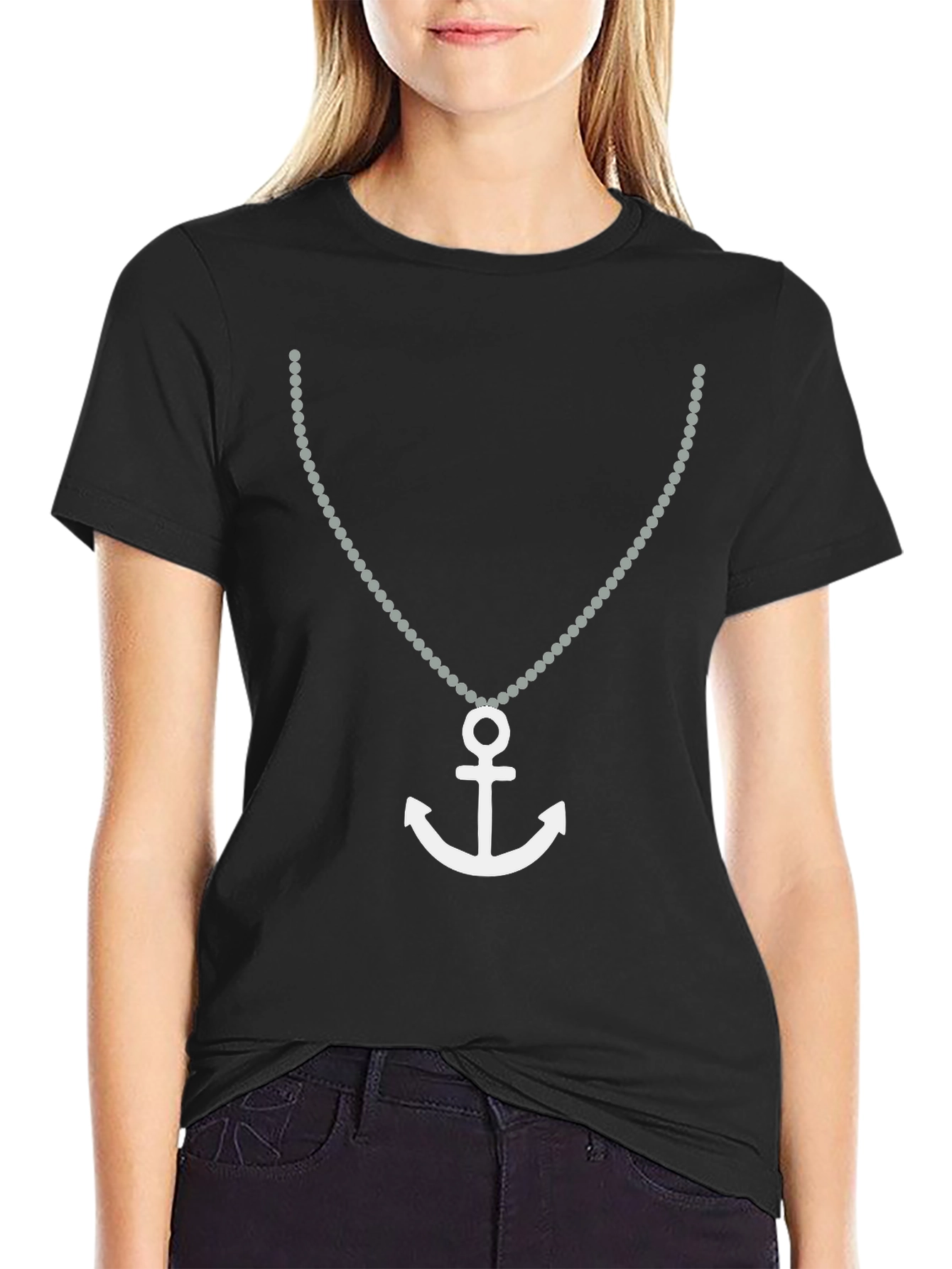 Nautical Anchor Necklace Graphic Tee - Black