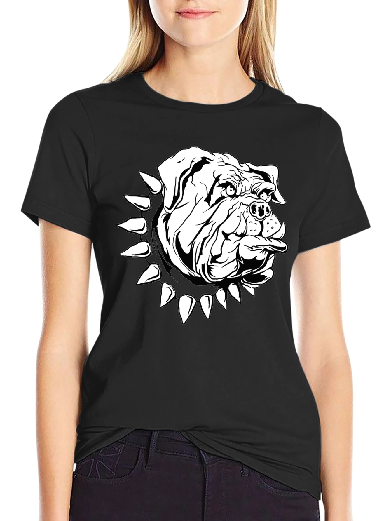 Bulldog Spike Collar Graphic Tee - Black