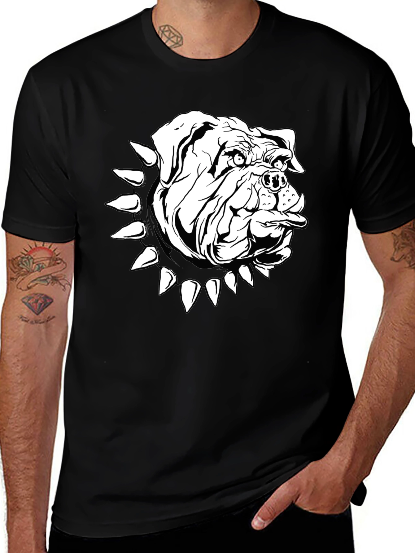 Bulldog Spike Collar Graphic Tee - Black