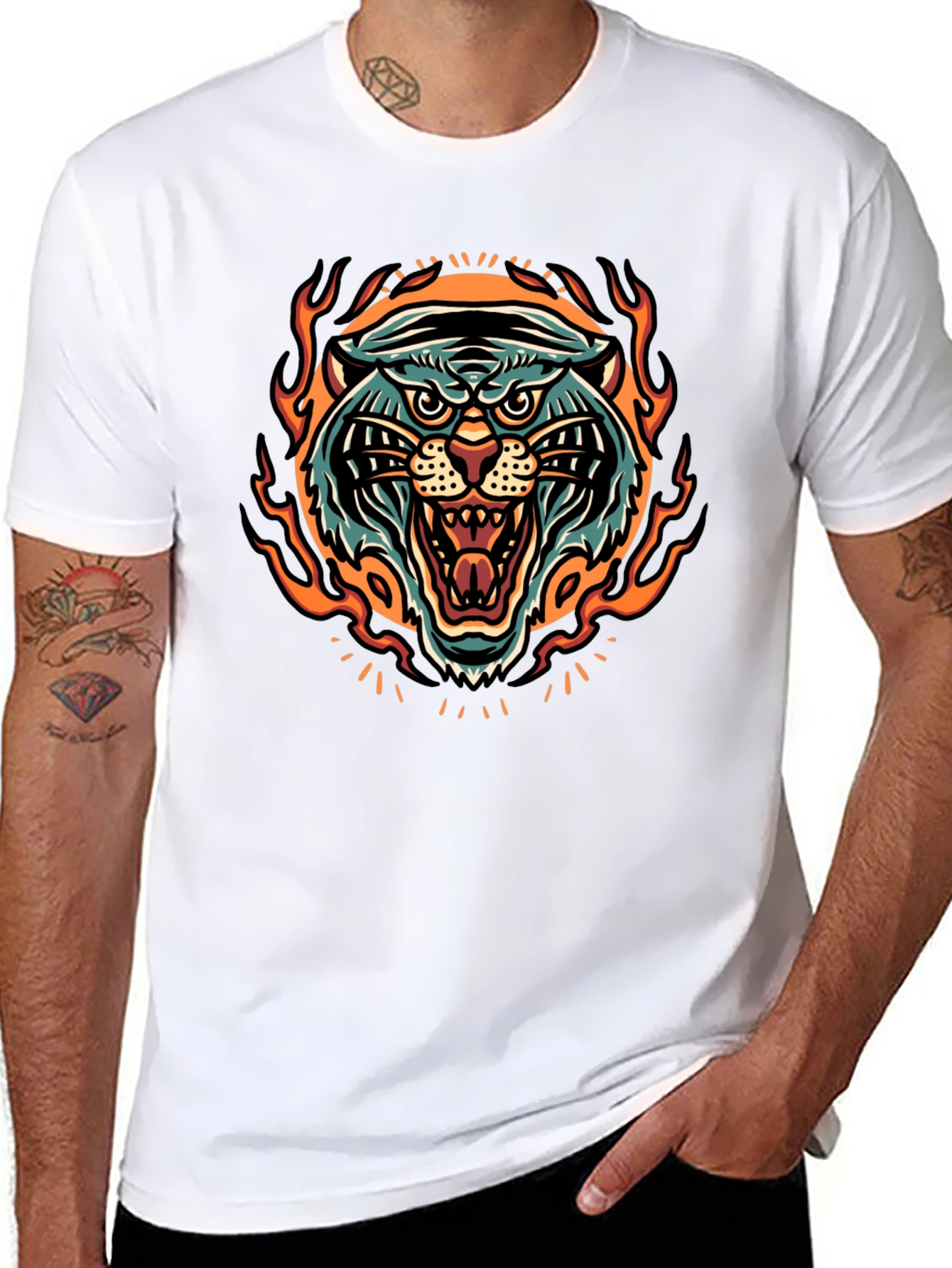 Fiery Tiger Graphic Print Black T-Shirt