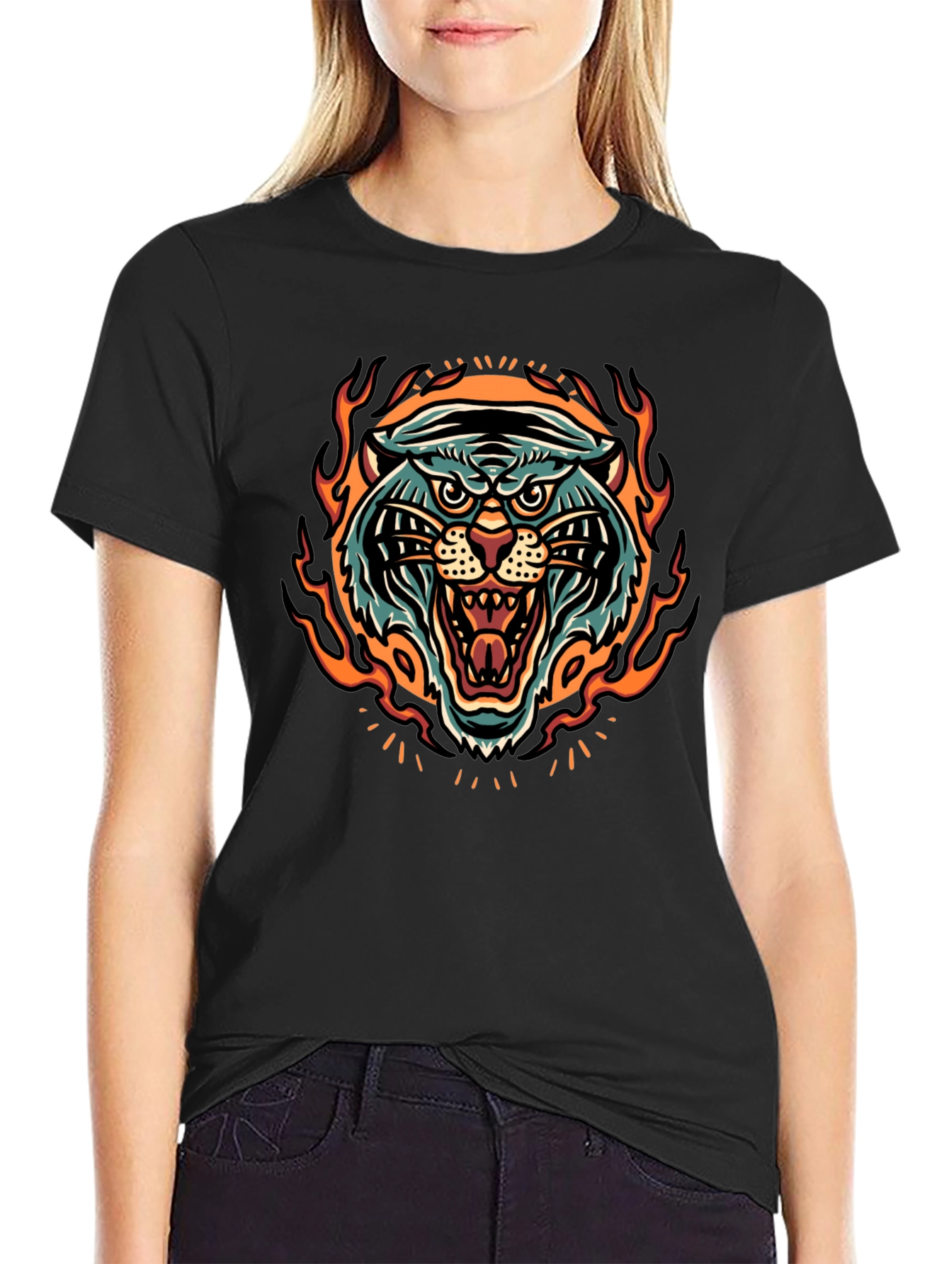 Fiery Tiger Graphic Print Black T-Shirt