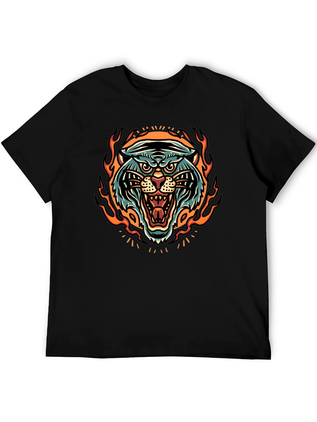 Fiery Tiger Graphic Print Black T-Shirt