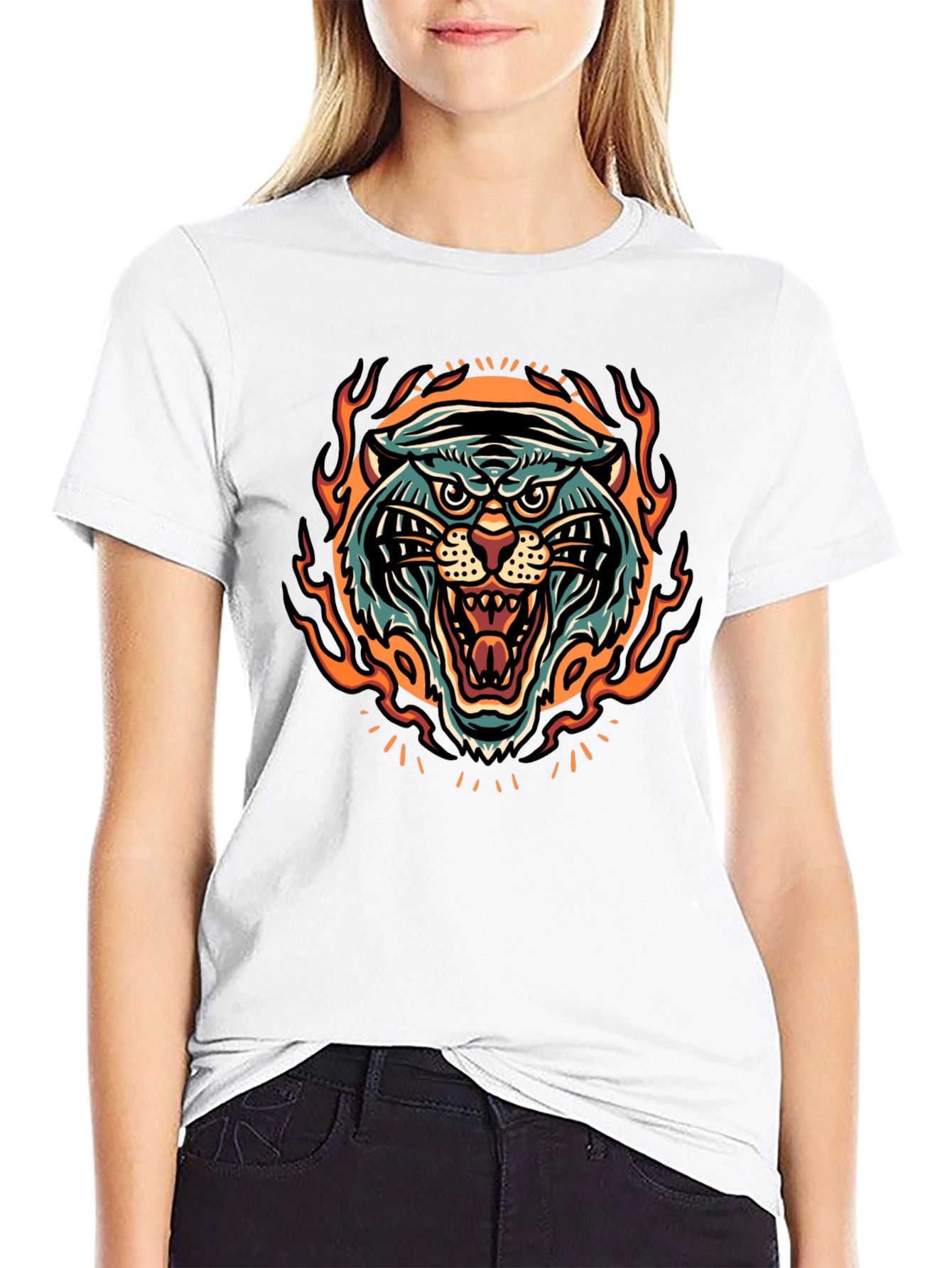 Fiery Tiger Graphic Print Black T-Shirt