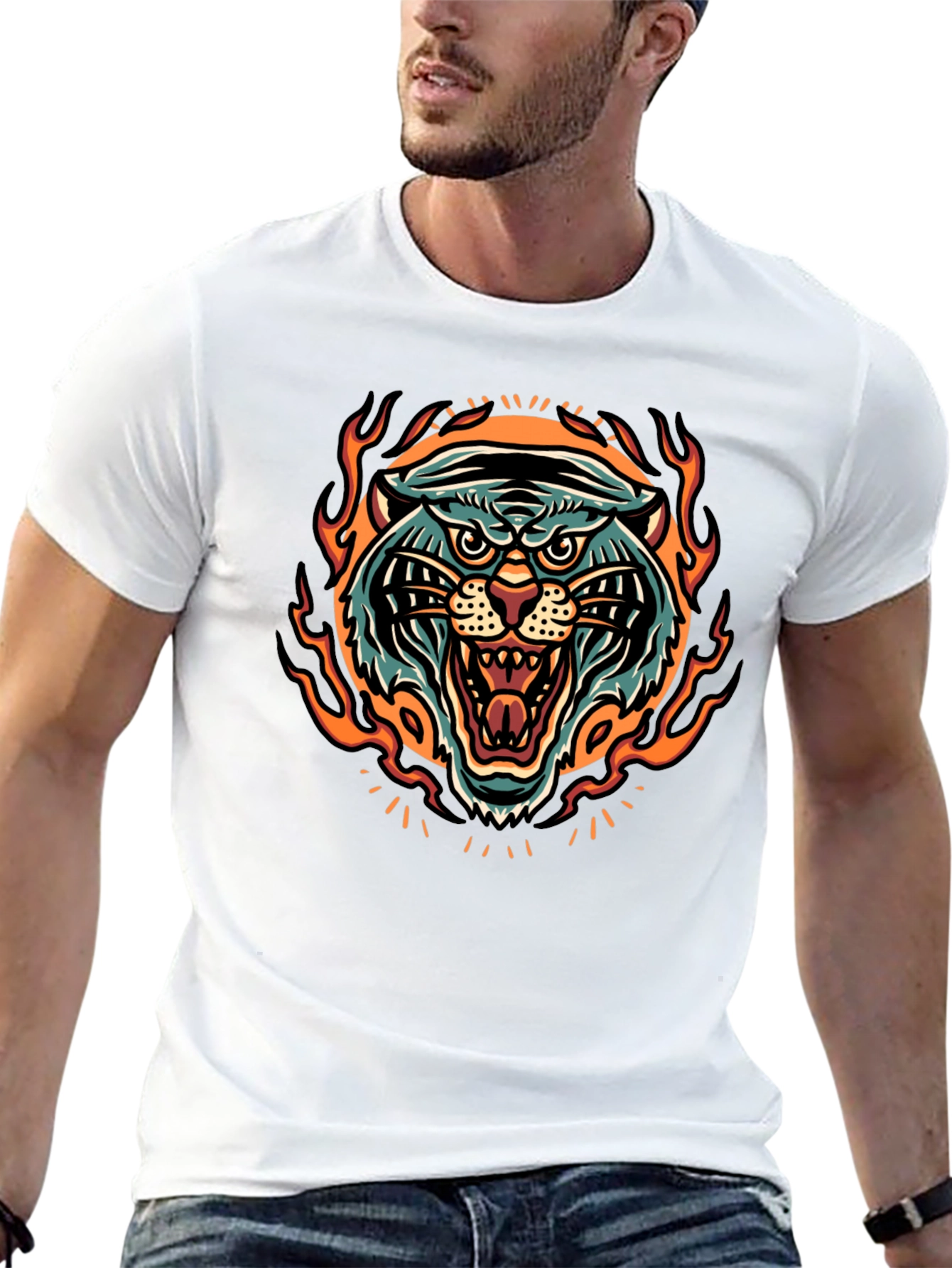 Fiery Tiger Graphic Print Black T-Shirt