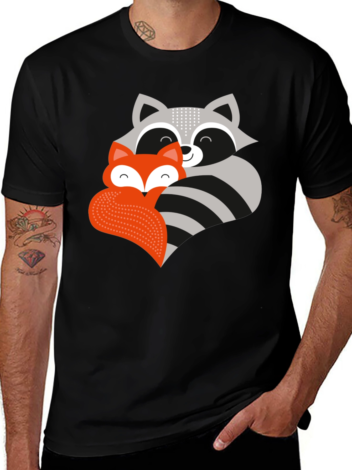 Cute Raccoon & Fox Graphic T-Shirt - Black