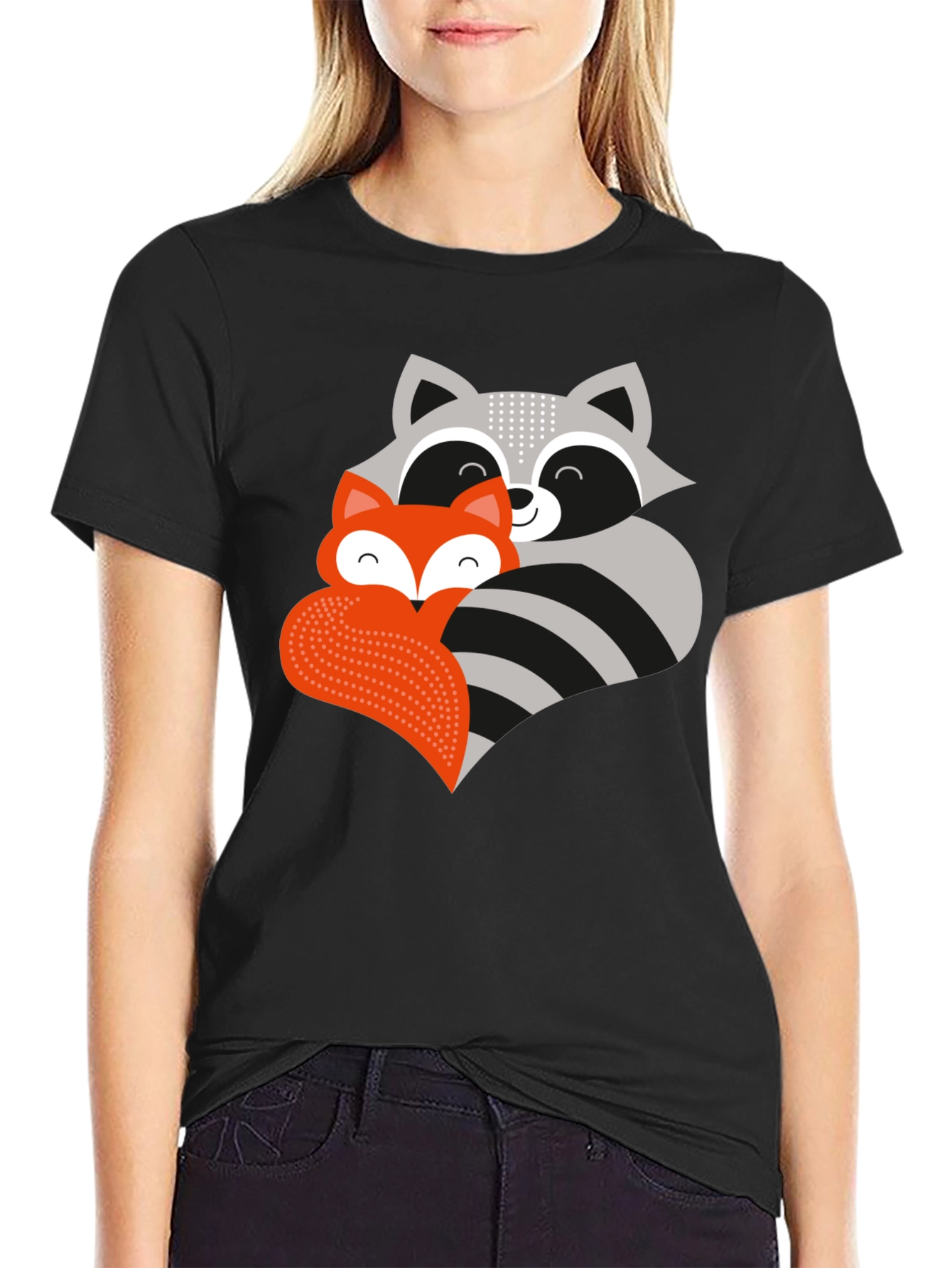 Cute Raccoon & Fox Graphic T-Shirt - Black