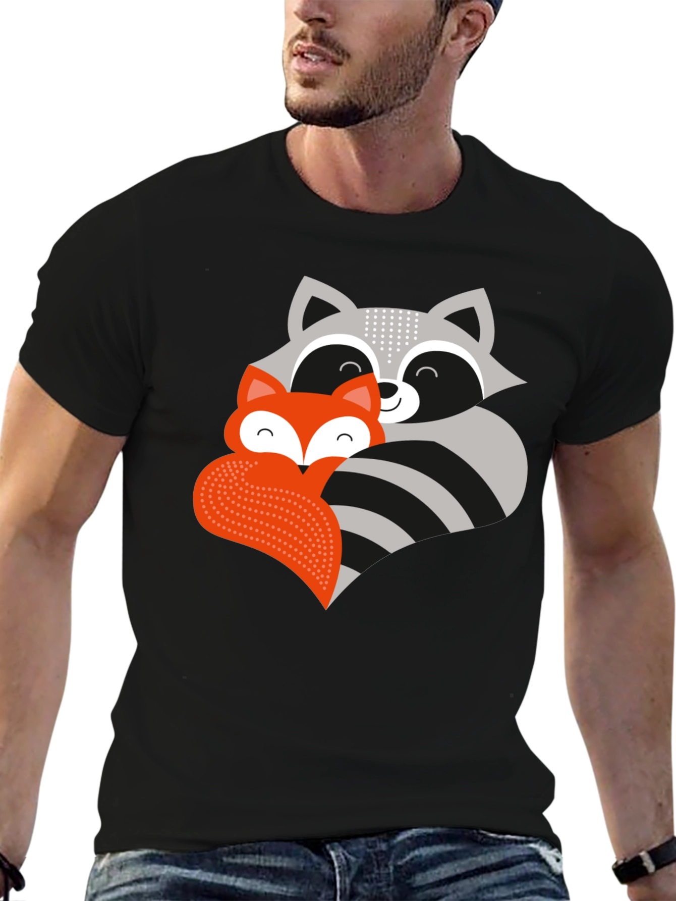 Cute Raccoon & Fox Graphic T-Shirt - Black
