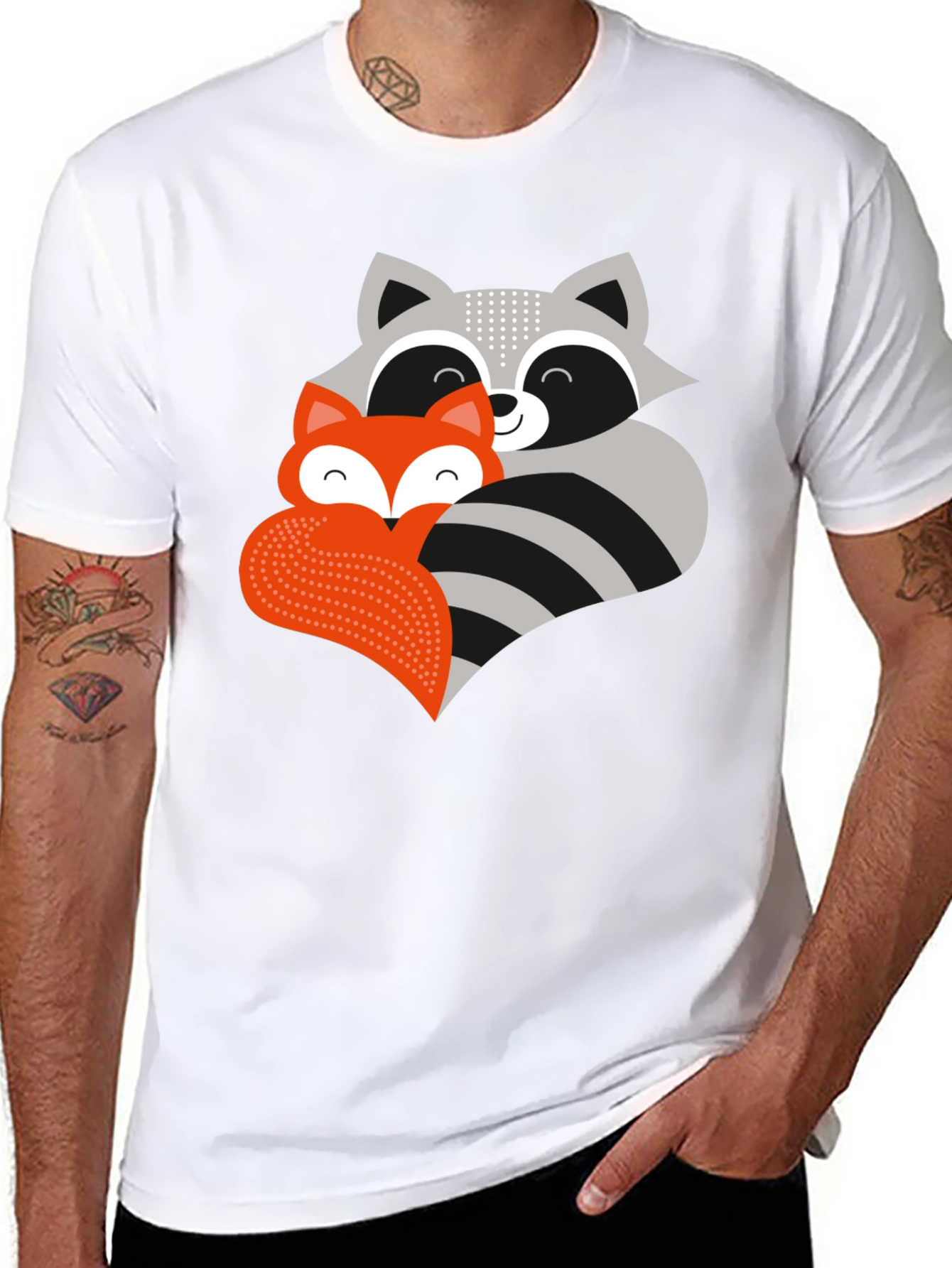 Cute Raccoon & Fox Graphic T-Shirt - Black