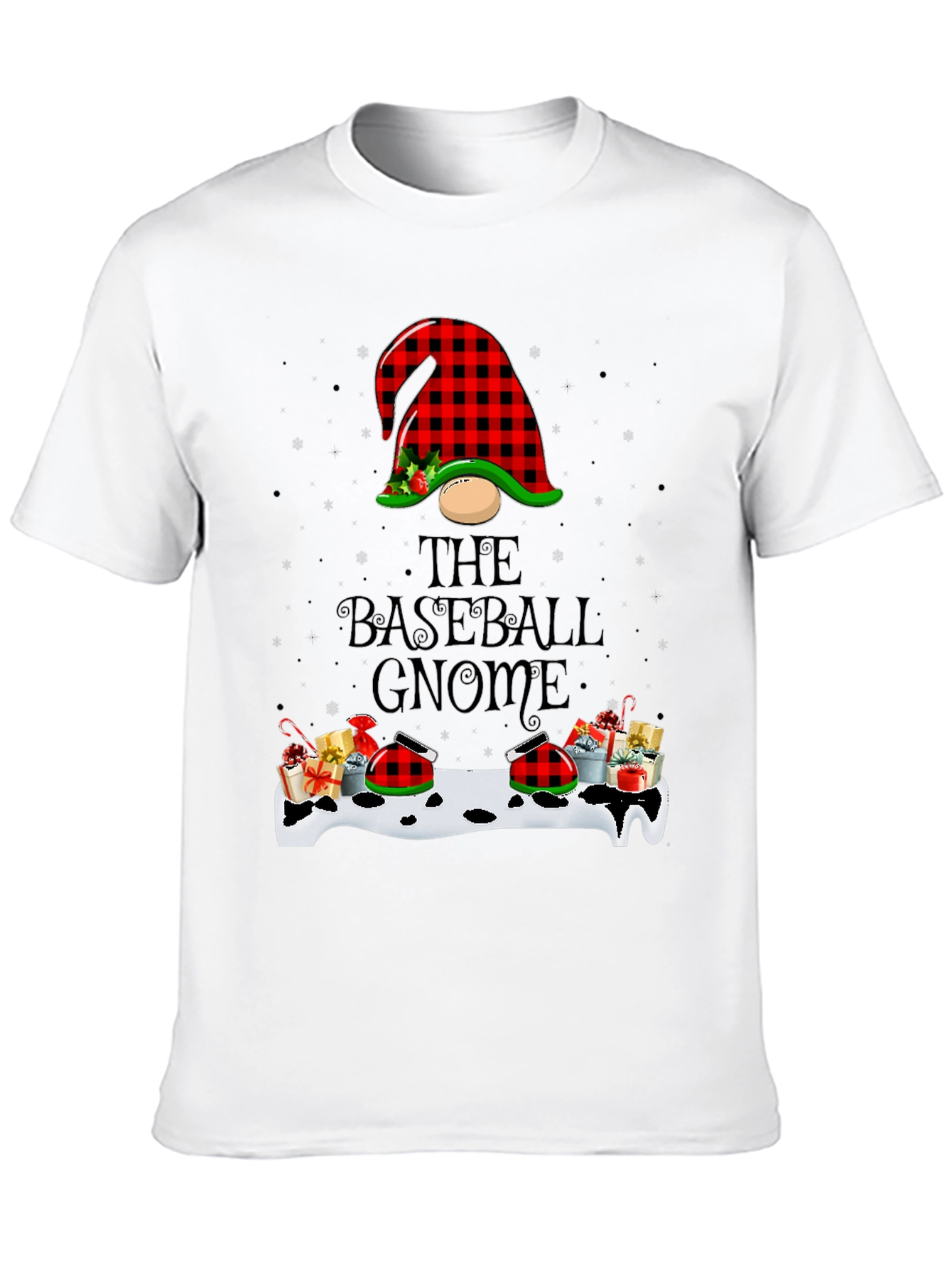 Baseball Gnome Christmas T-Shirt - Buffalo Plaid
