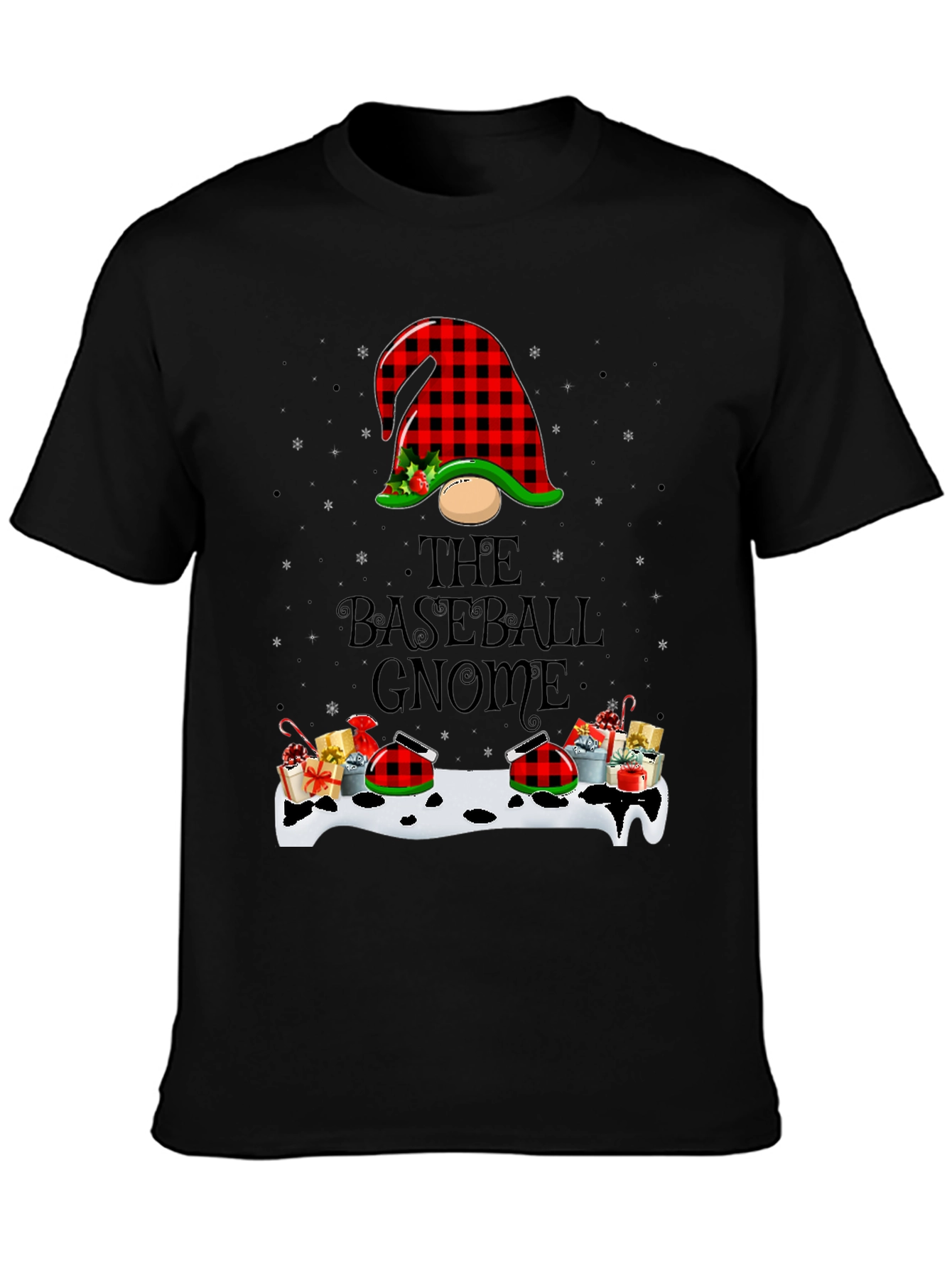 Baseball Gnome Christmas T-Shirt - Buffalo Plaid