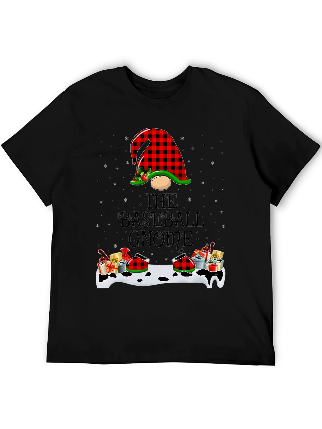 Baseball Gnome Christmas T-Shirt - Buffalo Plaid