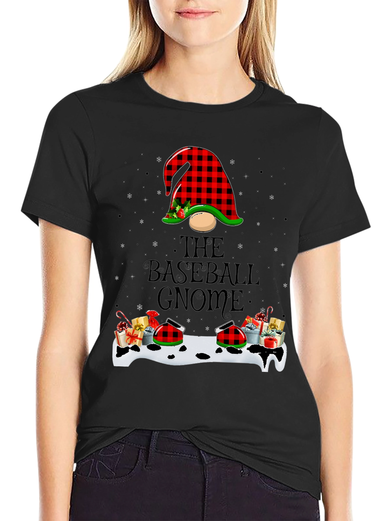 Baseball Gnome Christmas T-Shirt - Buffalo Plaid