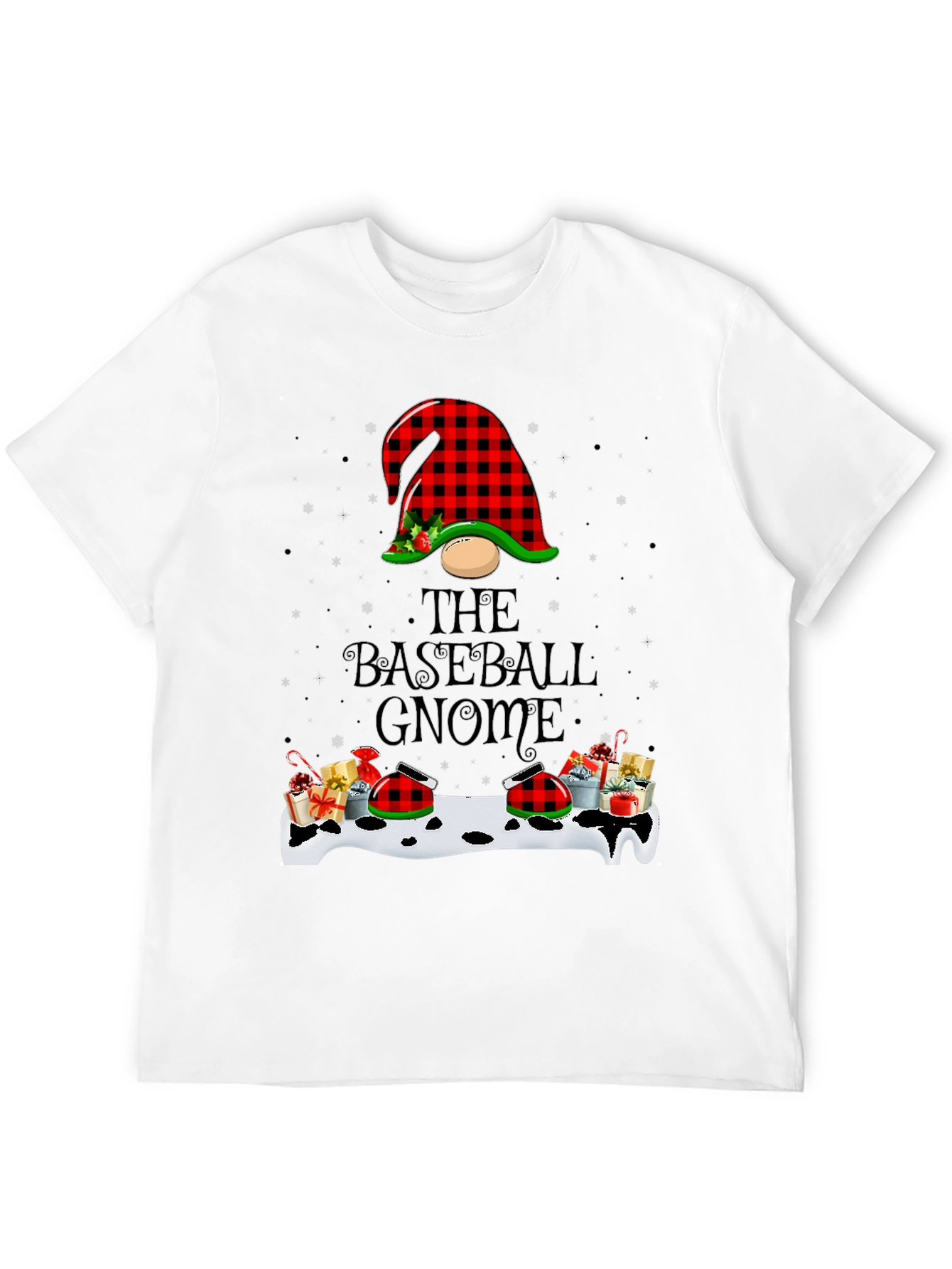 Baseball Gnome Christmas T-Shirt - Buffalo Plaid