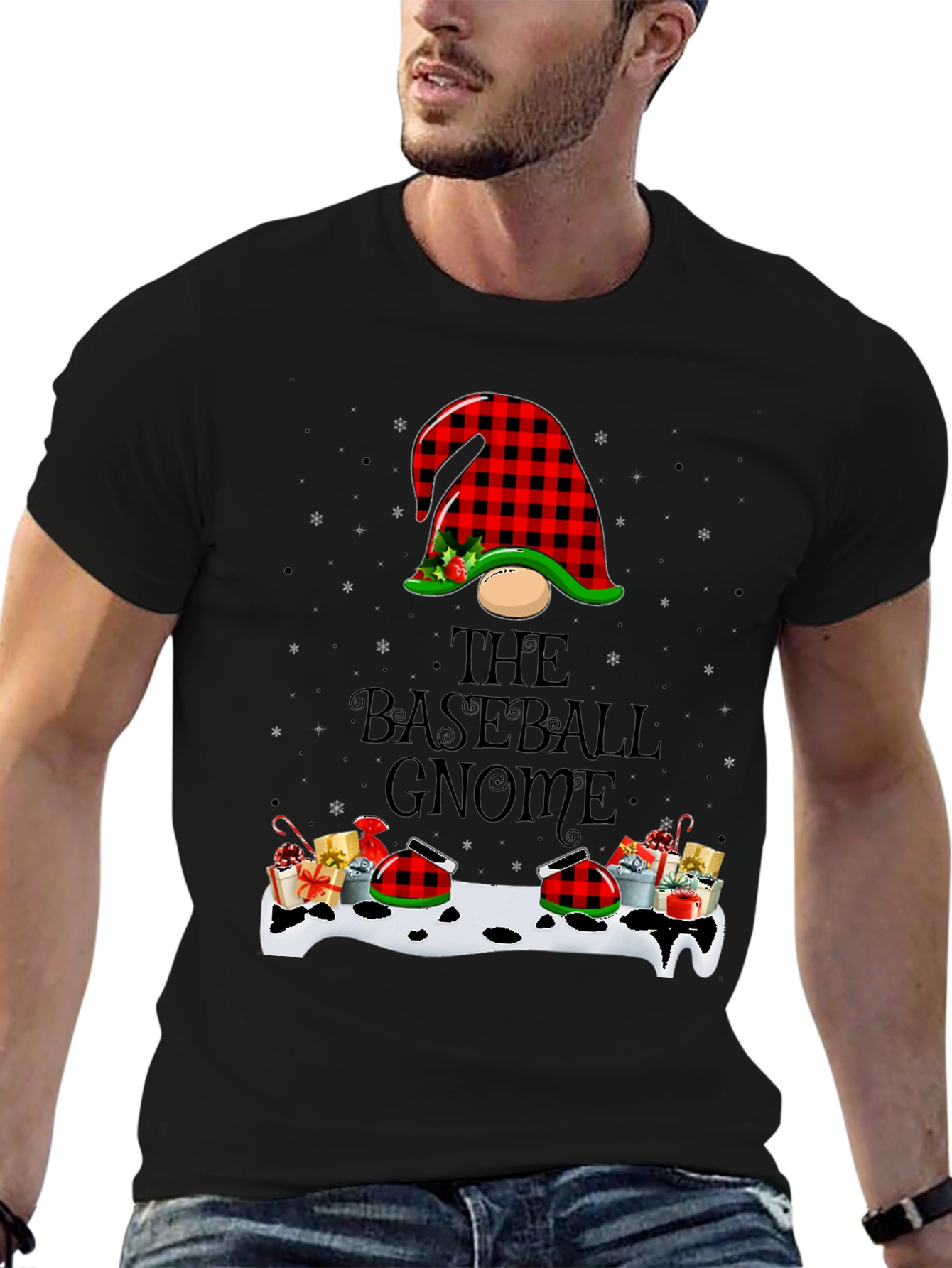 Baseball Gnome Christmas T-Shirt - Buffalo Plaid
