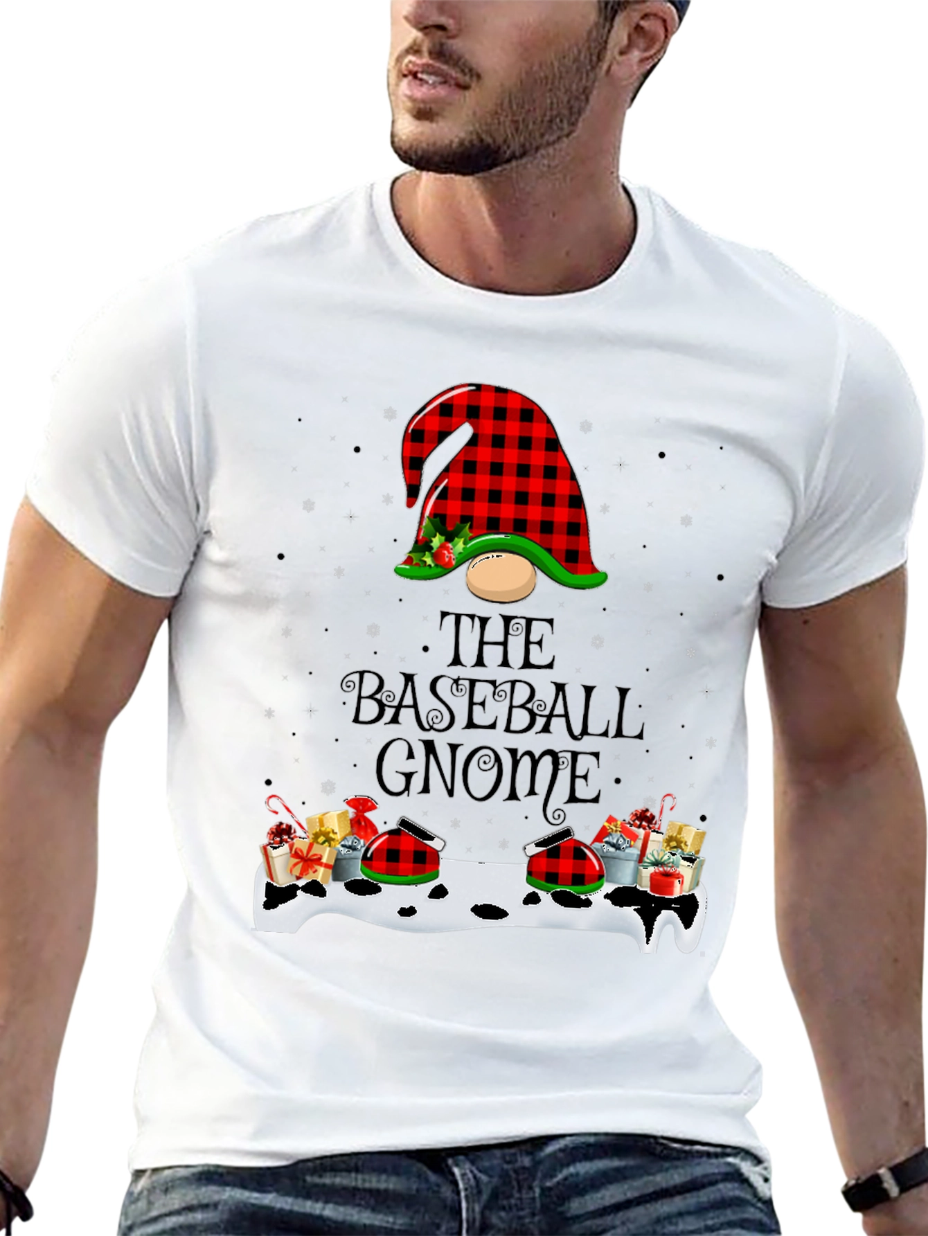 Baseball Gnome Christmas T-Shirt - Buffalo Plaid