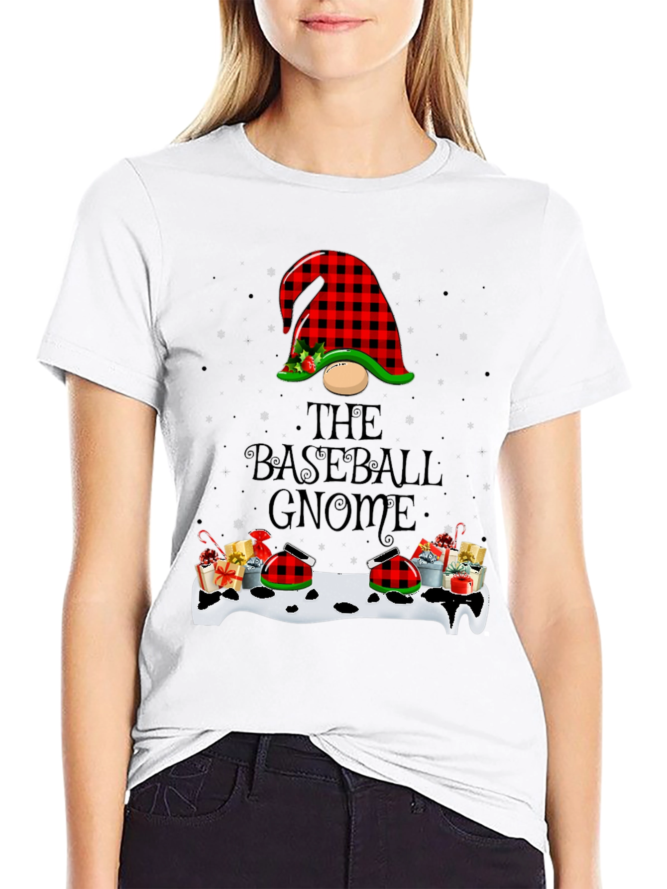 Baseball Gnome Christmas T-Shirt - Buffalo Plaid