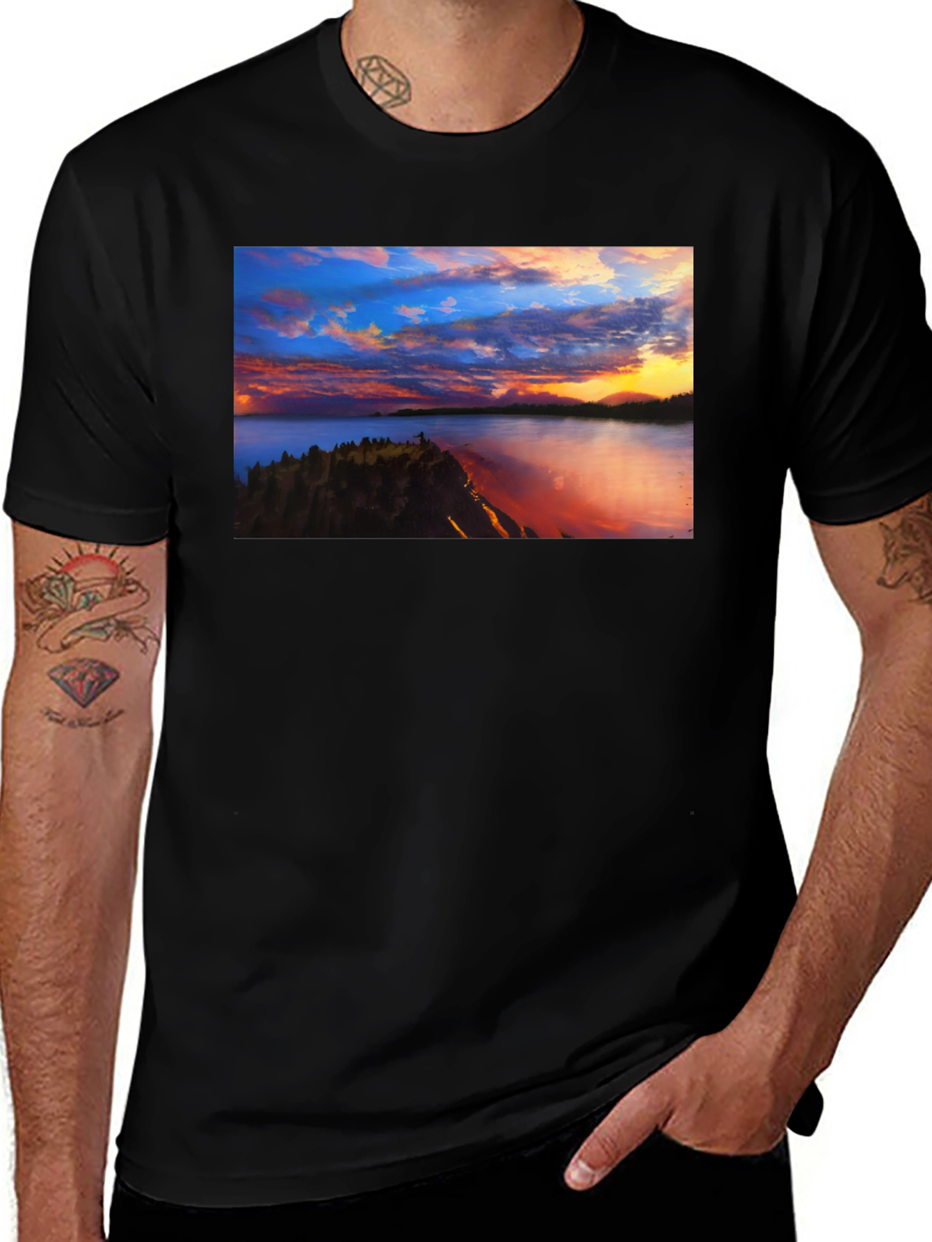 Sunset Lake Graphic Tee - Black Casual T-Shirt