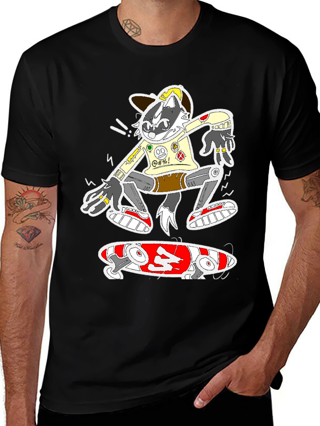 Skater Raccoon Graphic Tee - Black Cotton Blend