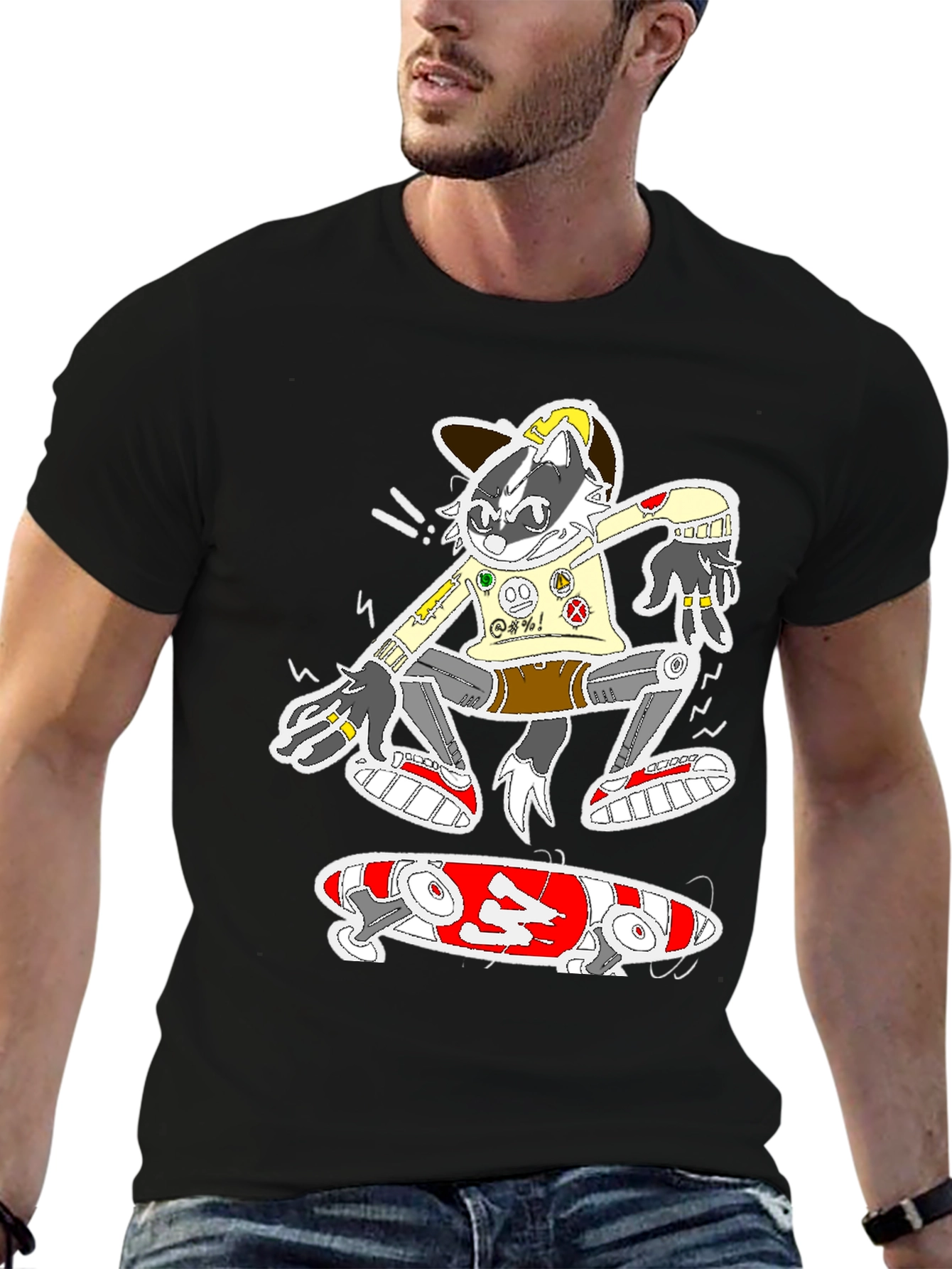 Skater Raccoon Graphic Tee - Black Cotton Blend