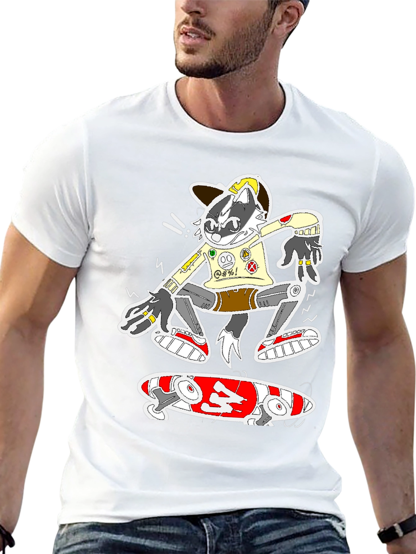 Skater Raccoon Graphic Tee - Black Cotton Blend